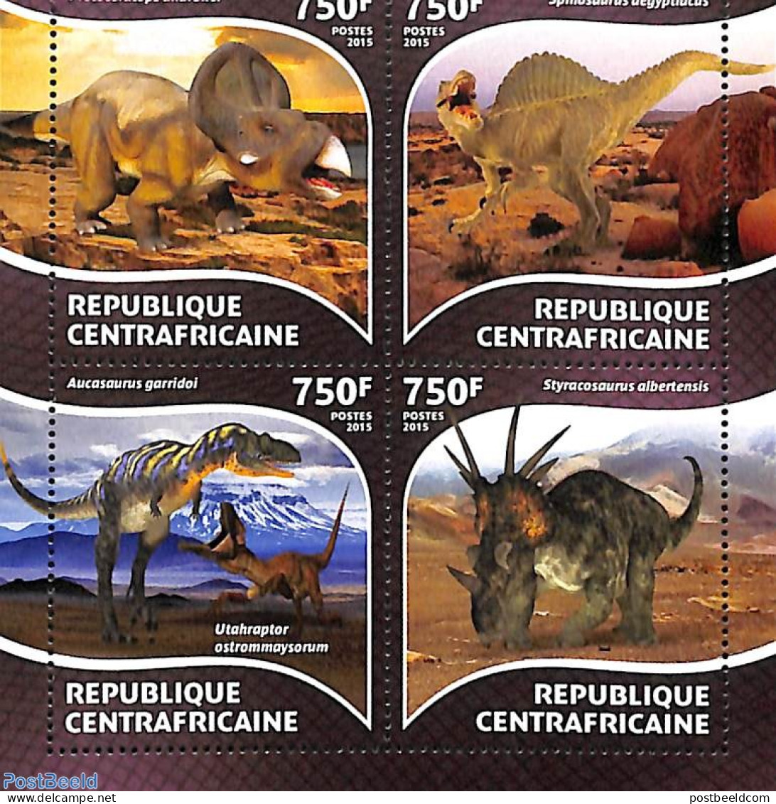 Central Africa 2015 Dinosaurs 4v M/s, Mint NH, Nature - Prehistoric Animals - Prehistóricos