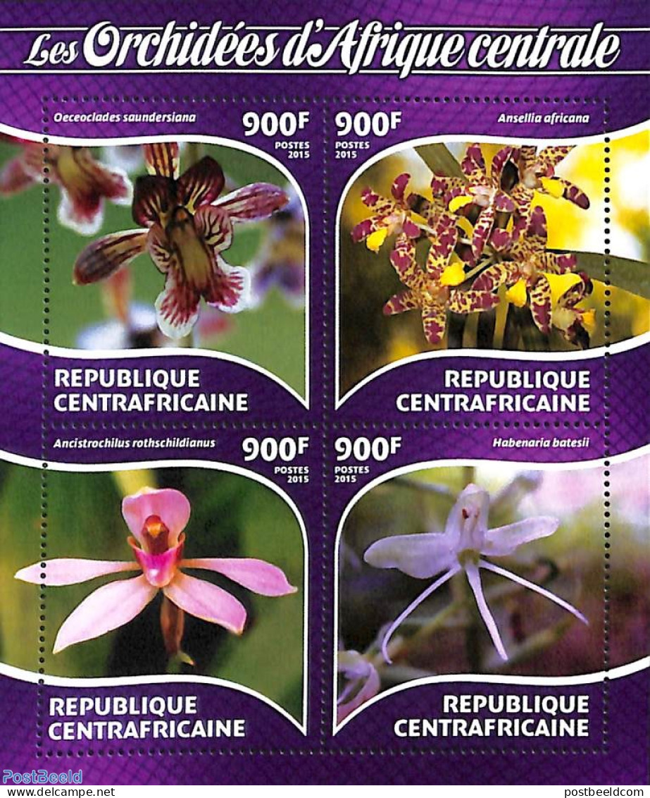 Central Africa 2015 Orchids 4v M/s, Mint NH, Nature - Flowers & Plants - Orchids - Centraal-Afrikaanse Republiek