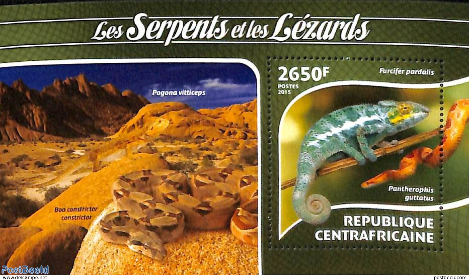 Central Africa 2015 Snakes And Lizards S/s, Mint NH, Nature - Reptiles - Snakes - Central African Republic