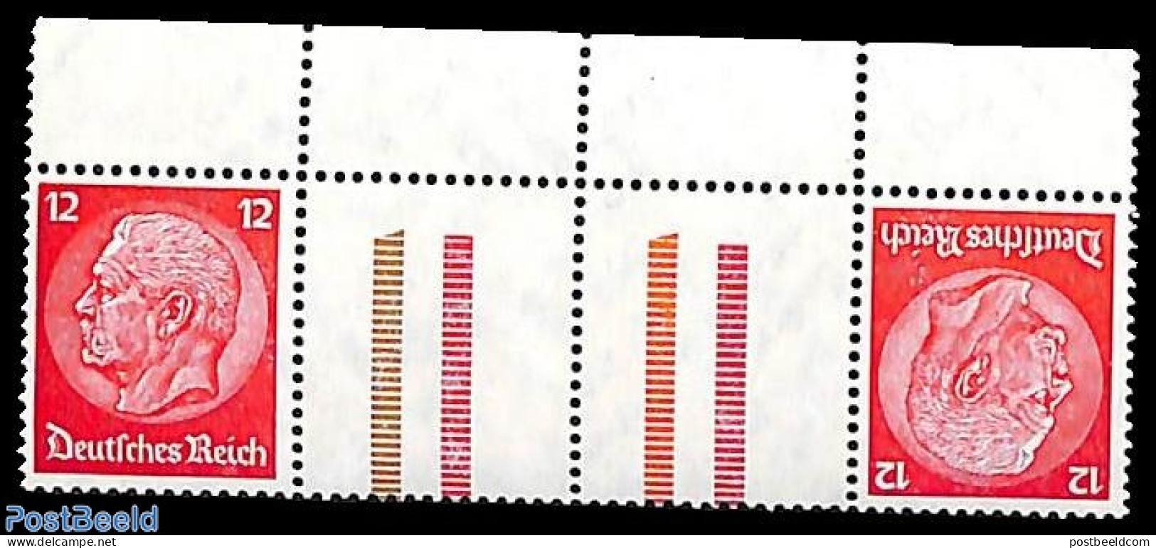 Germany, Empire 1936 12Pf+tab+tab+12Pf, Horizontal Tete-beche Strip, Mint NH - Nuevos