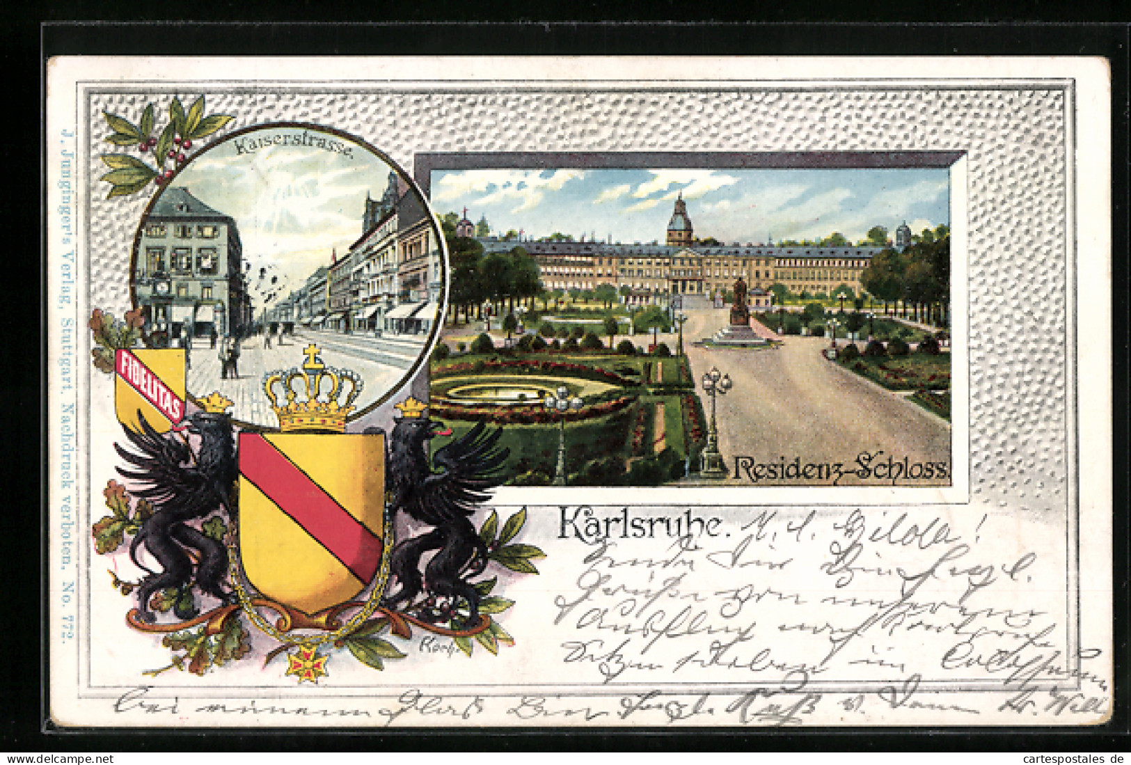 Lithographie Karlsruhe, Residenz Schloss, Kaiserstrasse  - Karlsruhe