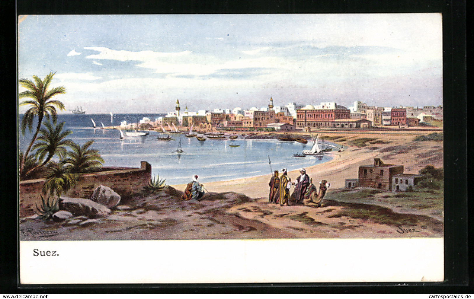 Künstler-AK Friedrich Perlberg: Suez, Blick Zum Hafen  - Perlberg, F.