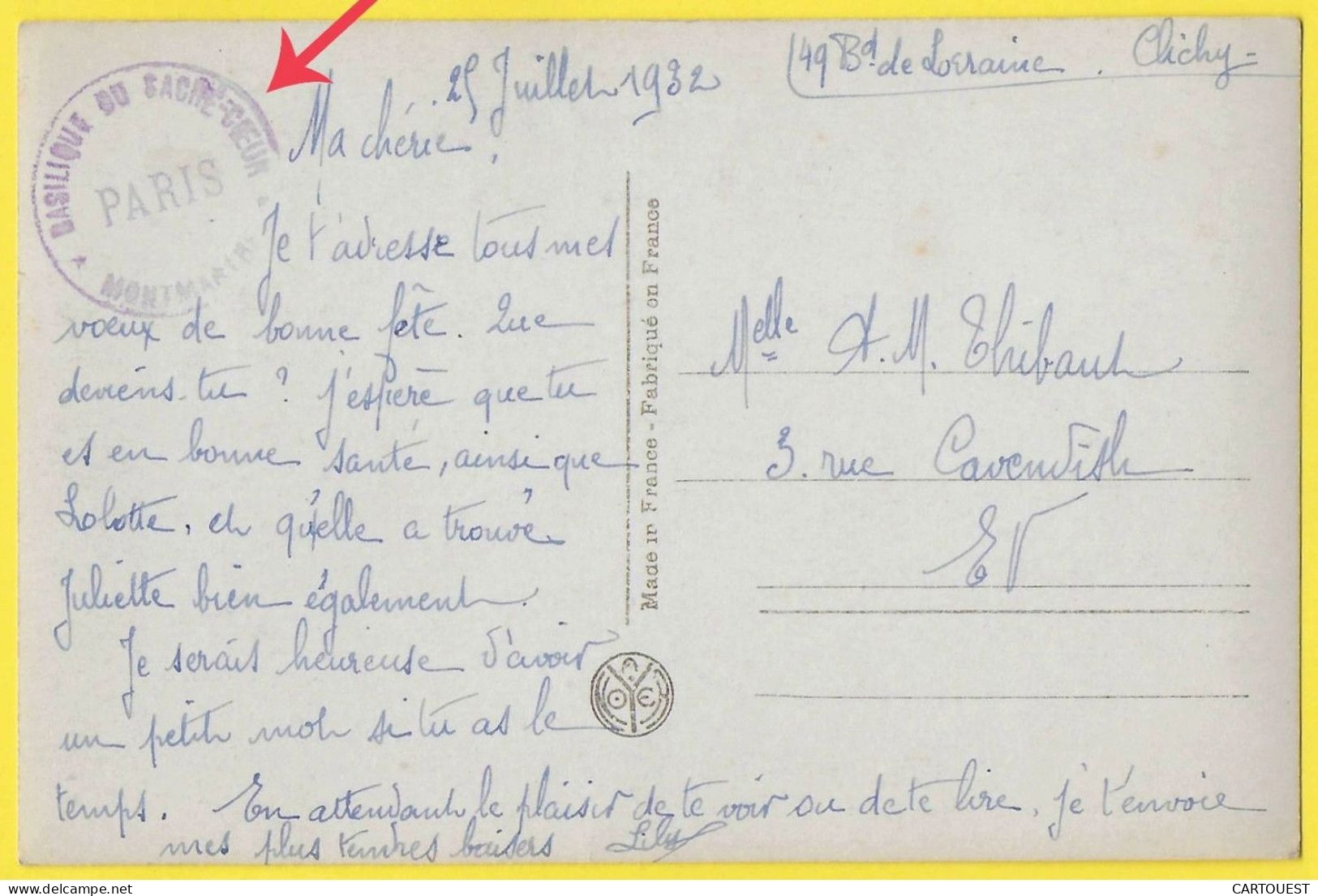 CPA PARIS - MONTMARTRE RUE DU CHEVALIER DE LA BARRE 1932 Cachet BASILIQUE - Arrondissement: 18