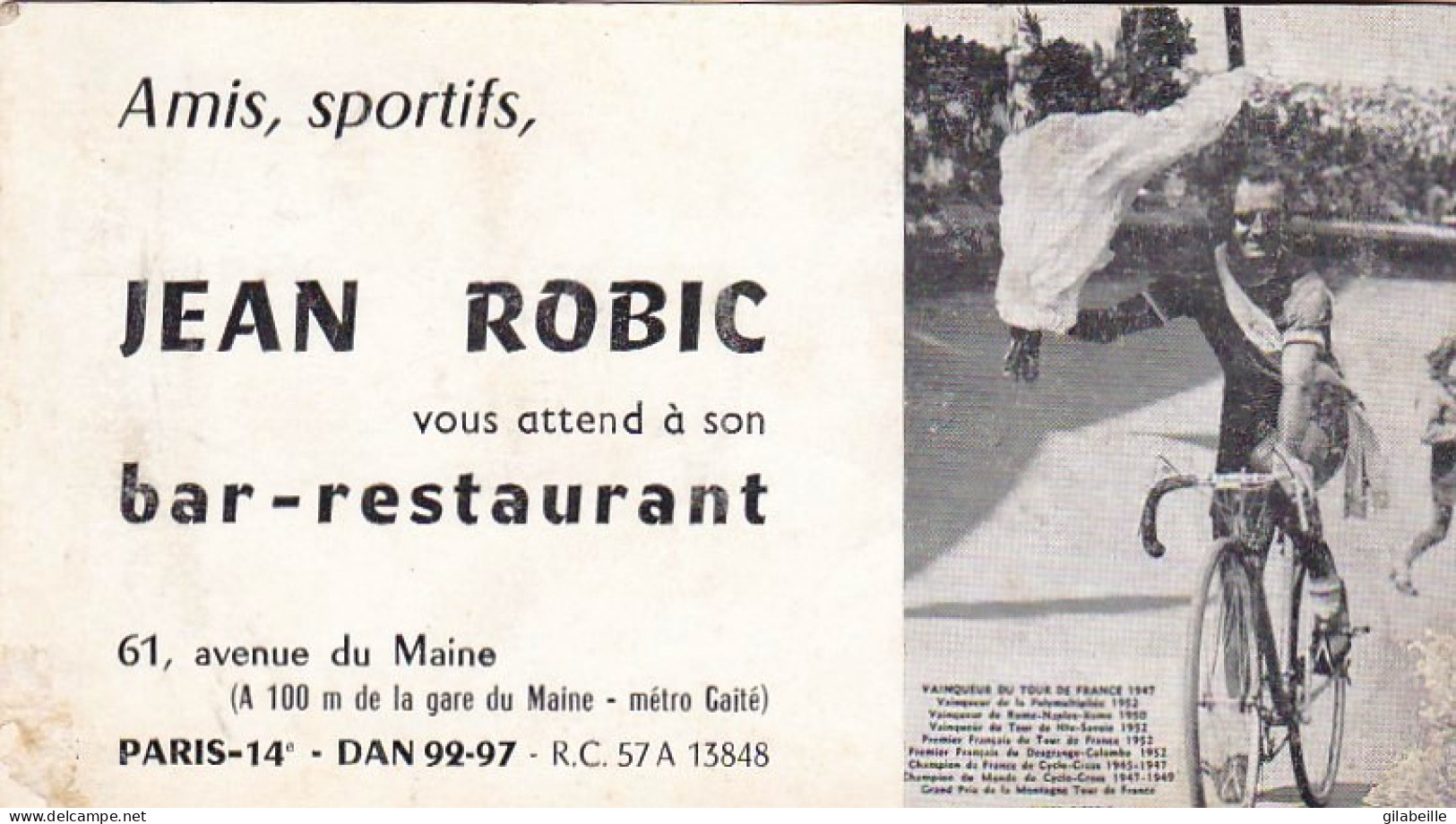 Cyclisme - Carte De Bar-restaurant Tenu Par Jean Robic Ancien Courreur Cycliste - 61 Avenue Du Maine - Paris 14 - Tarjetas De Visita