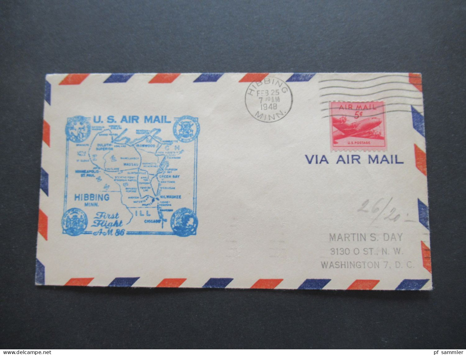 USA 1948 Air Mail US Air Mail Hibbing Minh. First Flight AM 86 / Rückseitig Stempel Milwaukee Wis. - 2a. 1941-1960 Oblitérés