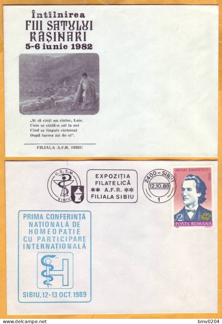 1989  Romania, Philatelic Exhibition, Medicine, Eminescu, 2 Envelopes - Lettres & Documents