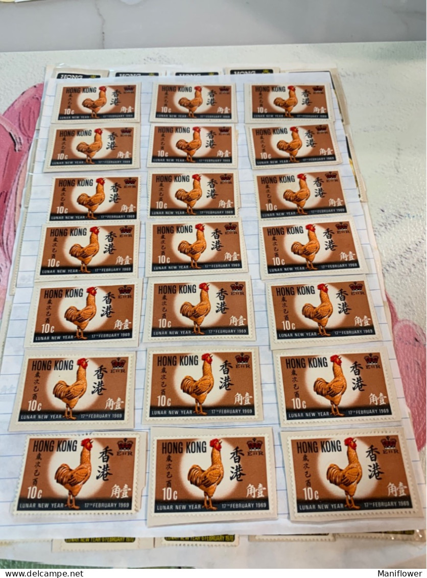 Hong Kong Stamp New Year Cock 1969 Un-used But Stick On Paper 21copies - Ongebruikt