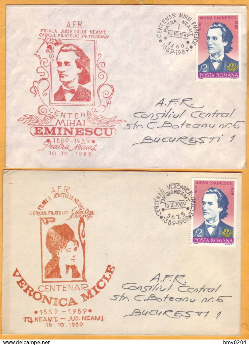 1989  Romania, Eminescu, Veronica Micle  2 Envelopes - Briefe U. Dokumente
