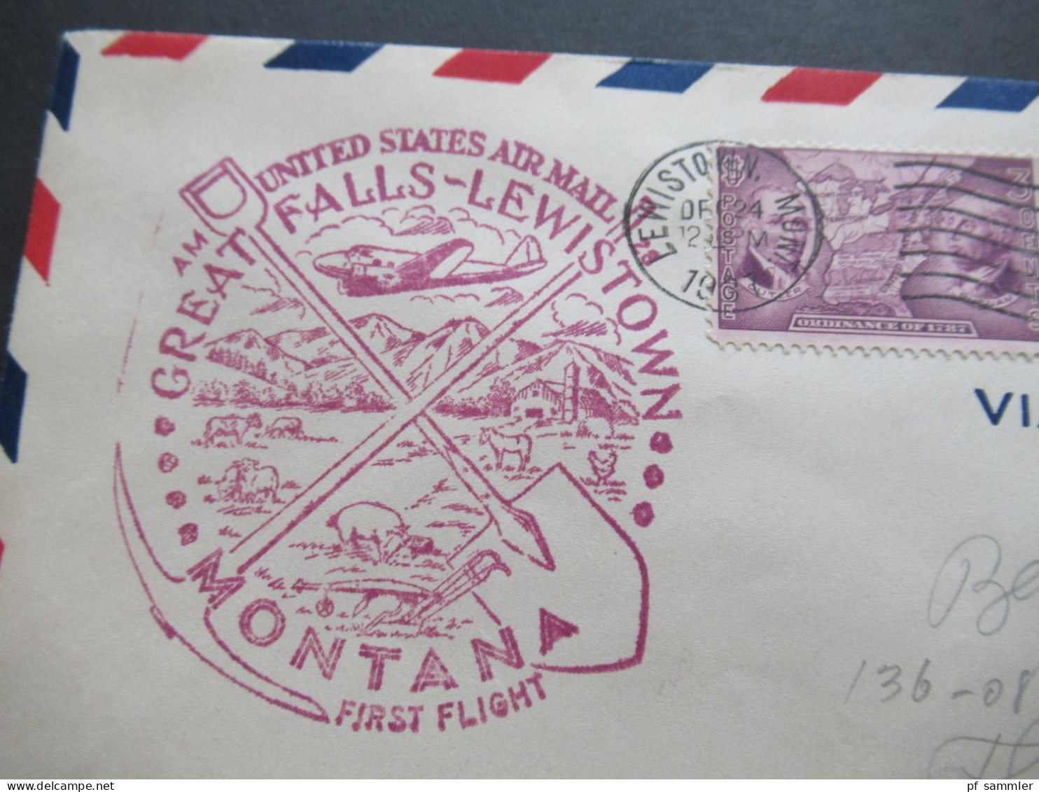 USA 1937 Air Mail US Air Mail First Flight AM 28 Great Falls - Lewistown Montana - 1c. 1918-1940 Covers