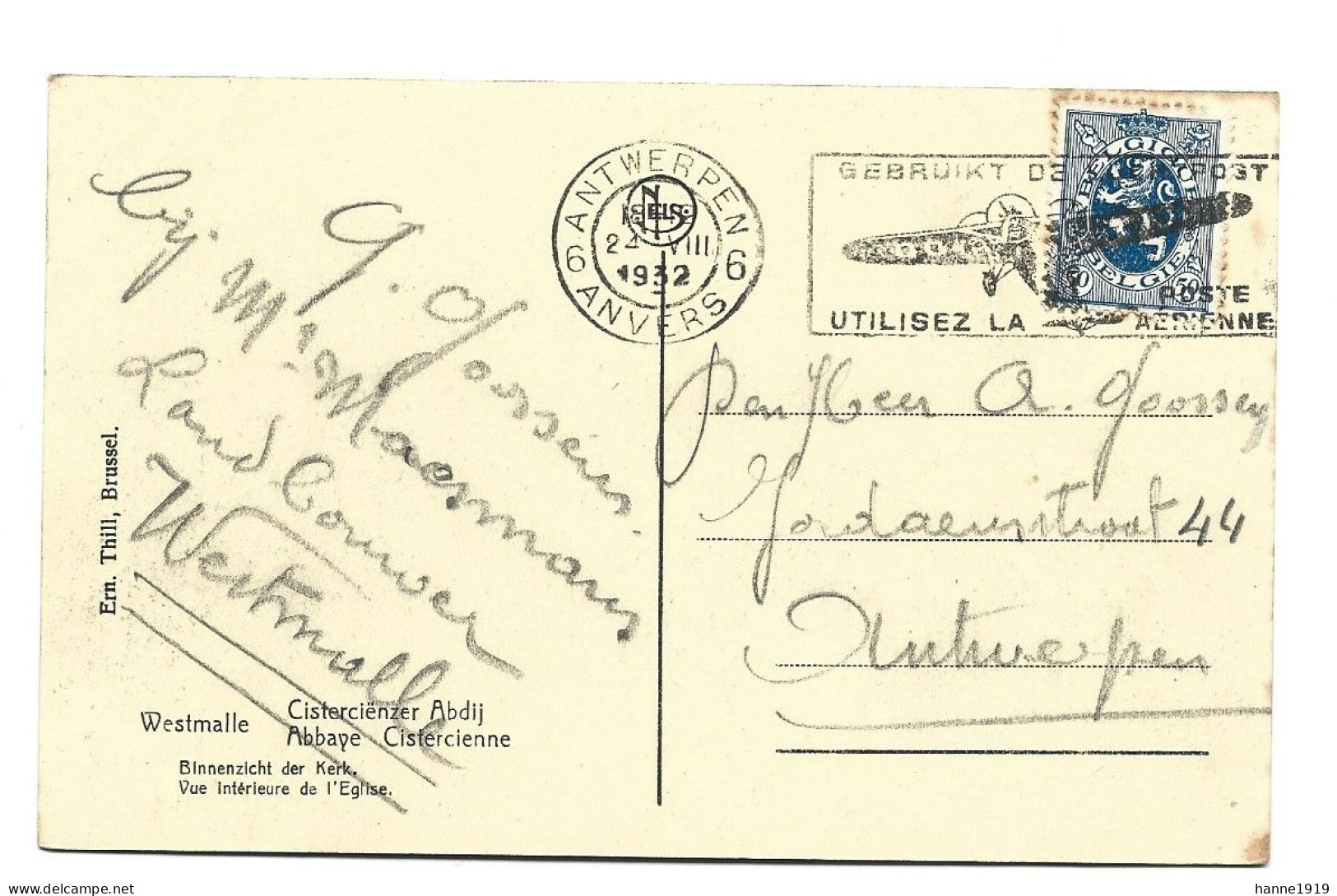 Westmalle Cisterciënzer Abdij Binnenzicht Der Kerk Briefstempel 1932 Antwerpen Htje - Malle