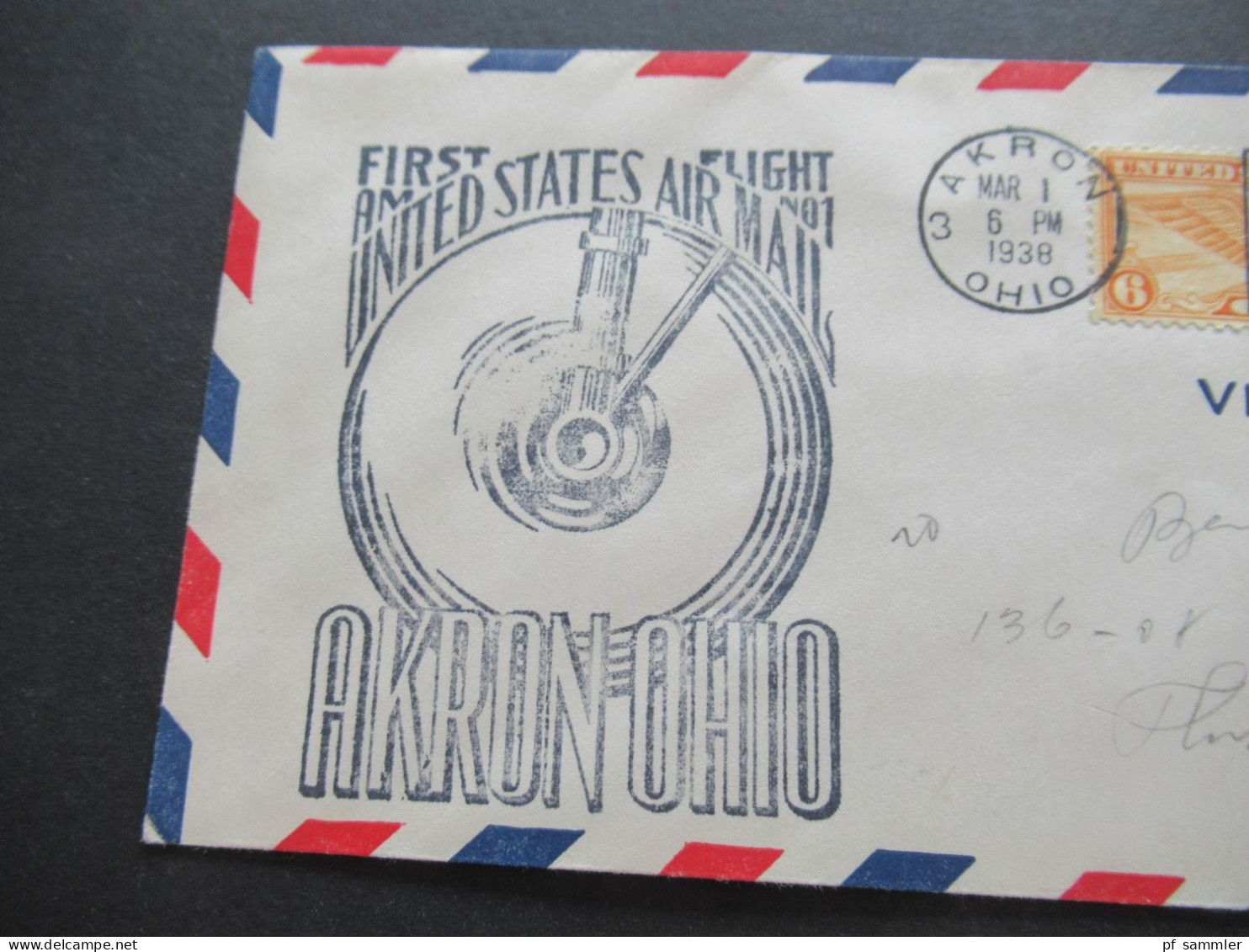 USA 1.3.1938 Air Mail US Air Mail First Flight AM Akron Ohio / Air Mail Saves Time - 1c. 1918-1940 Briefe U. Dokumente