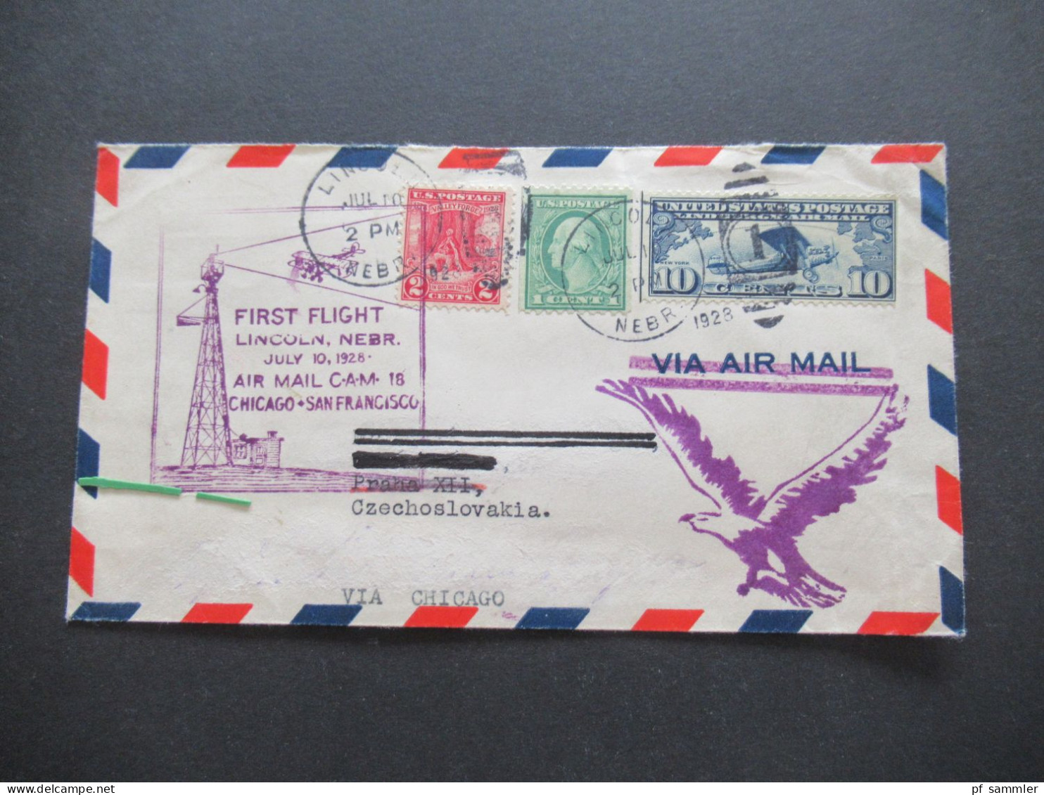 USA 1928 Via Air Mail US Air Mail First Flight Lincoln Nebr. CAM 18 Chicago - San Francisco Nach Prag CSR Gesendet - 1c. 1918-1940 Cartas & Documentos