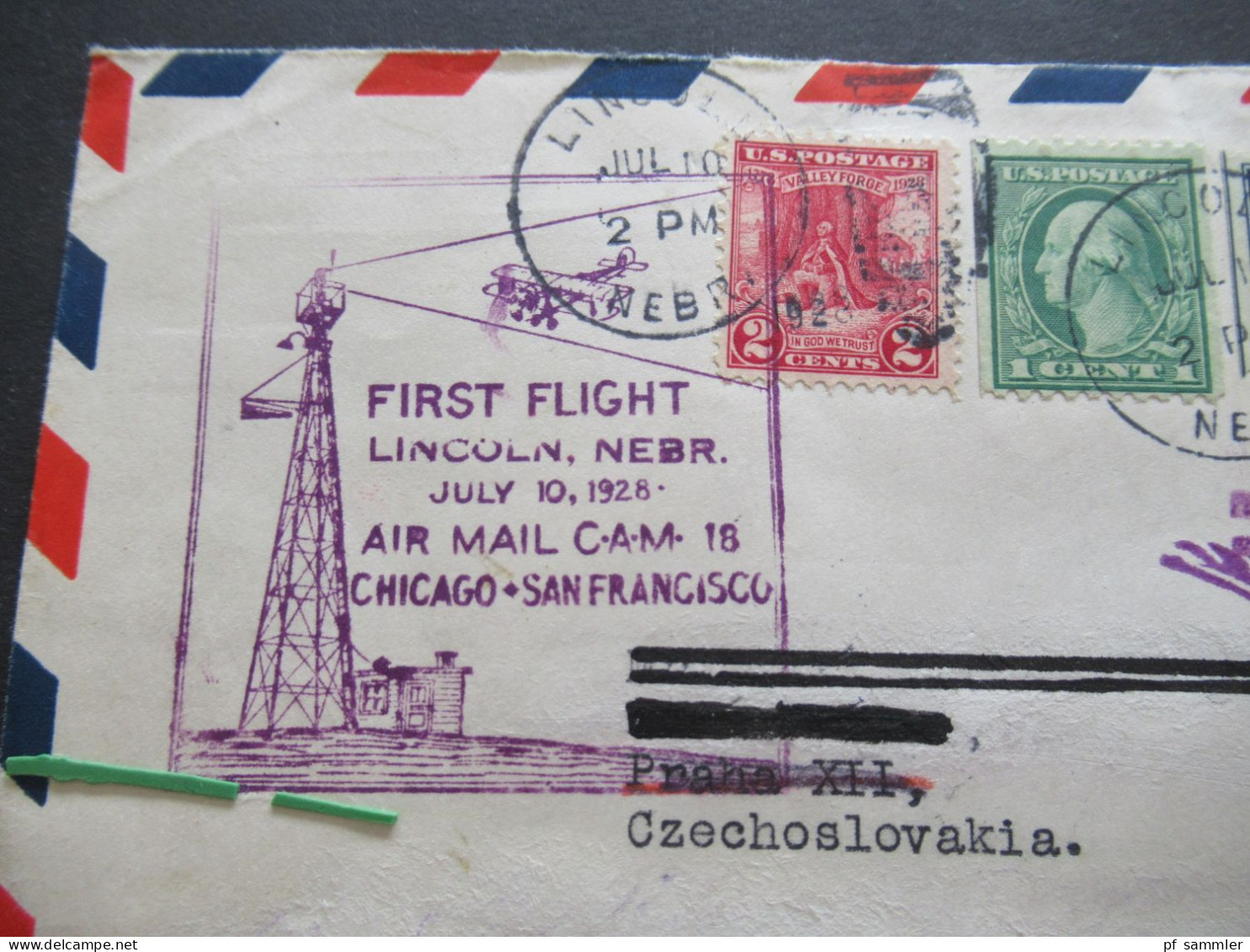 USA 1928 Via Air Mail US Air Mail First Flight Lincoln Nebr. CAM 18 Chicago - San Francisco Nach Prag CSR Gesendet - 1c. 1918-1940 Briefe U. Dokumente