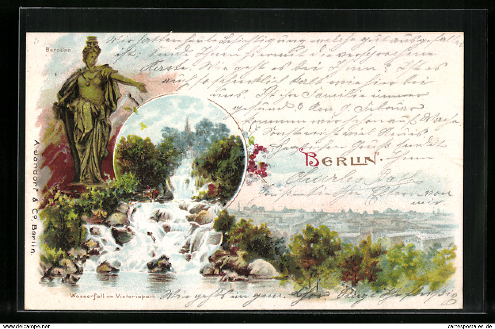 Lithographie Berlin-Kreuzberg, Wasserfall Im Victoriapark Mit Berolina  - Kreuzberg