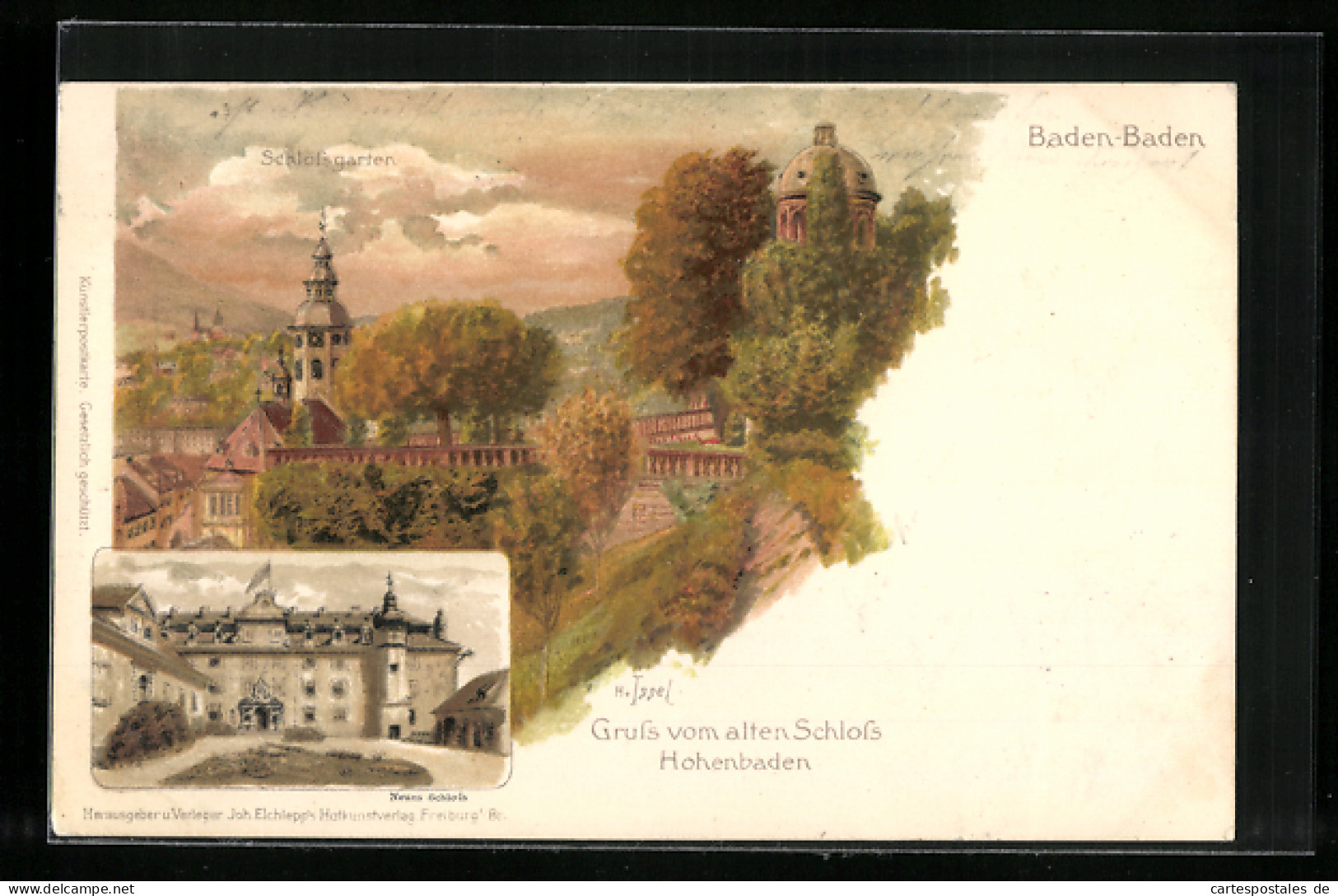 Lithographie Baden-Baden, Schloss Hohenbaden, Schlossgarten Und Neues Schloss  - Baden-Baden