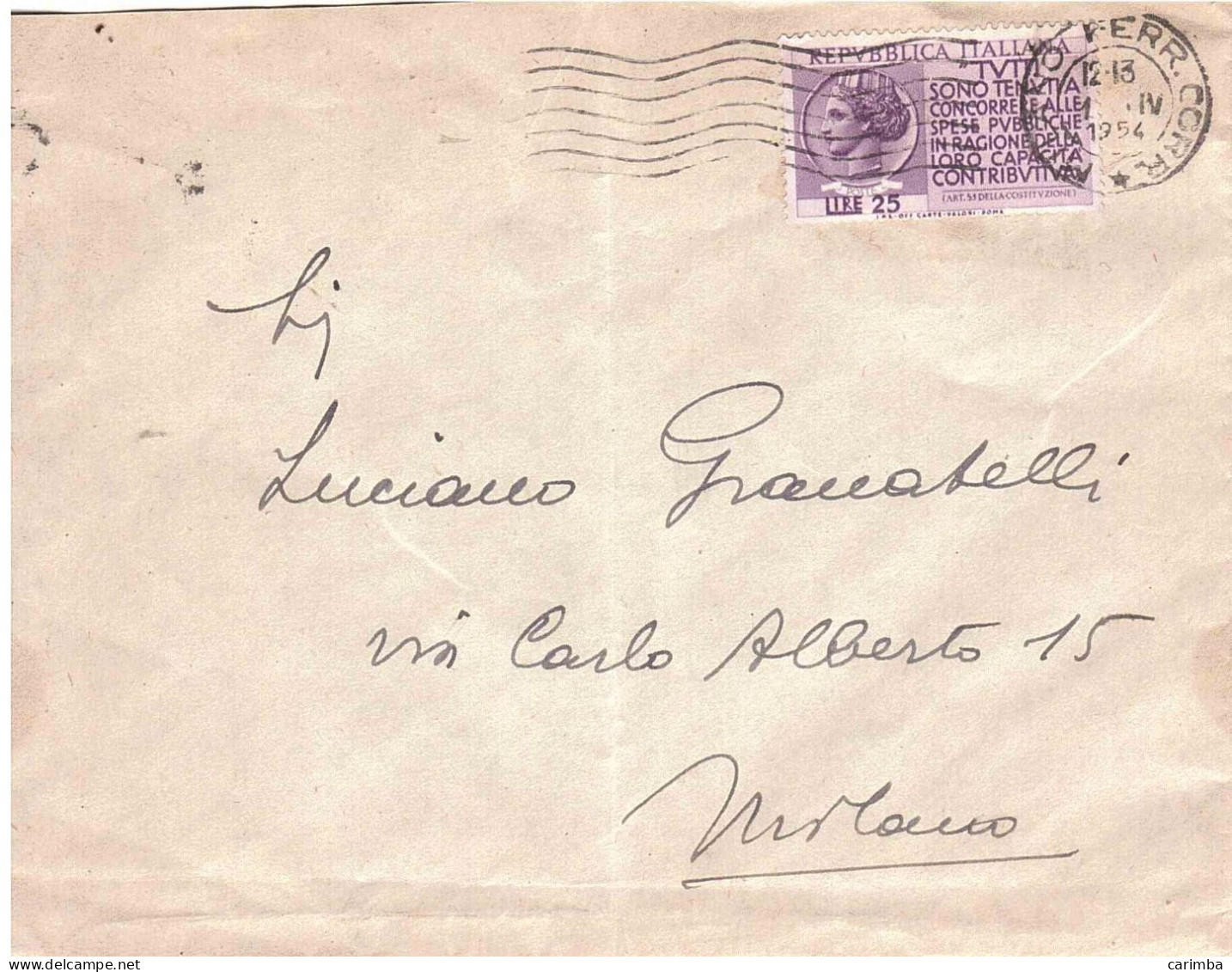 1954 L.25 CAPACITA' CONTRIBUTIVA - 1946-60: Poststempel