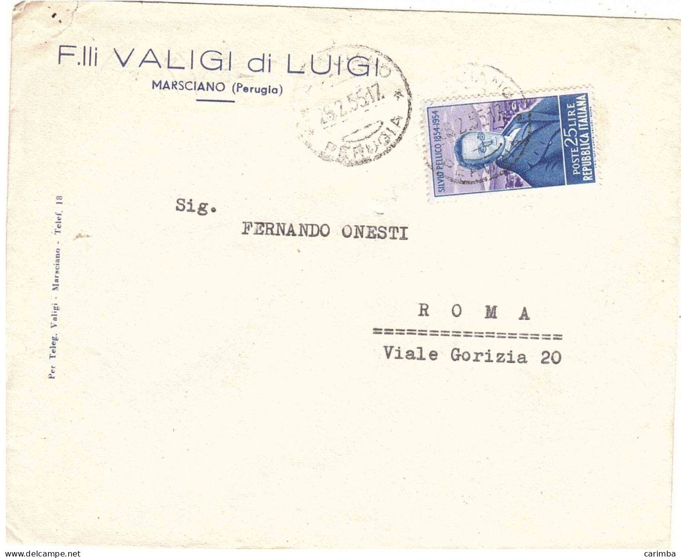1954 L.25 SILVIO PELLICO F.lli VALIGI Di LUIGI MARSCIANO PERUGIA - 1946-60: Marcophilia