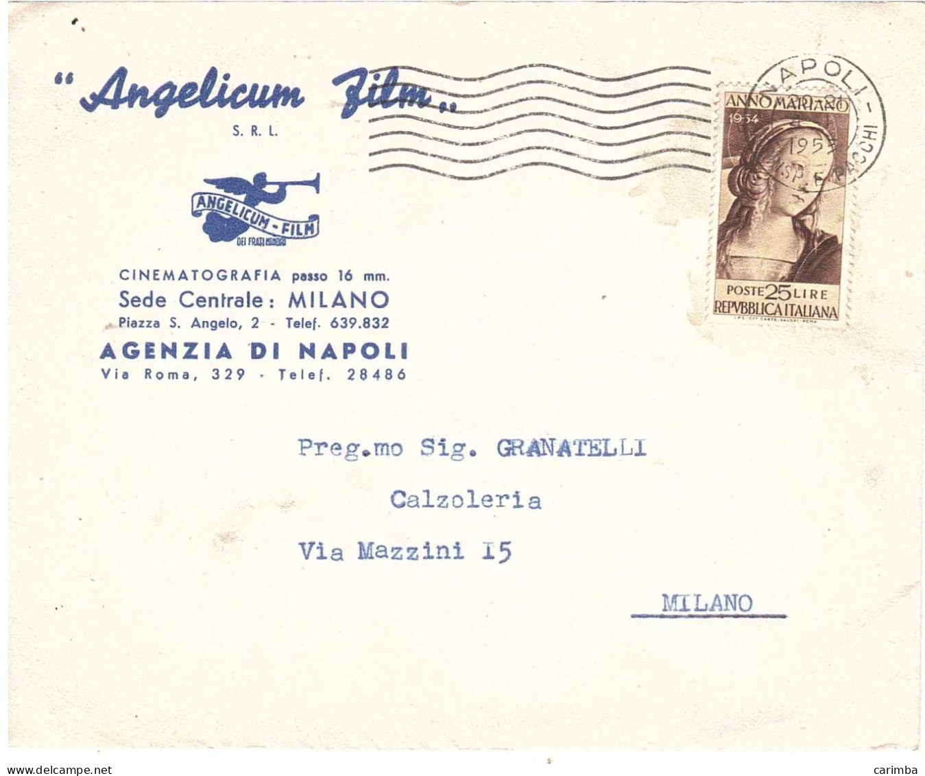 1954 L.25 ANNO MARIANO ANGELICUM FILM - 1946-60: Poststempel