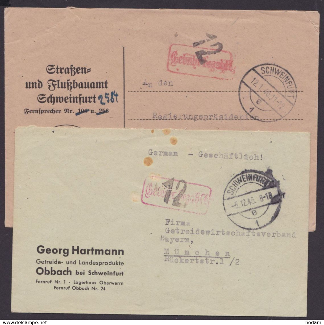 2 Belege "Schweinfurt", "Gebühr Bezahlt, Roter Ra Mit Schwarzem Stempel "12", 1945/46 - Cartas & Documentos