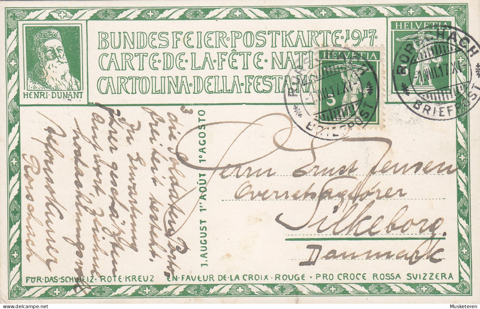 Switzerland Uprated Postal Stationery Ganzsache Red Cross Henri Dunant Bundesfeier RORSCHACH 1917 SILKEBORG Denmark - Entiers Postaux