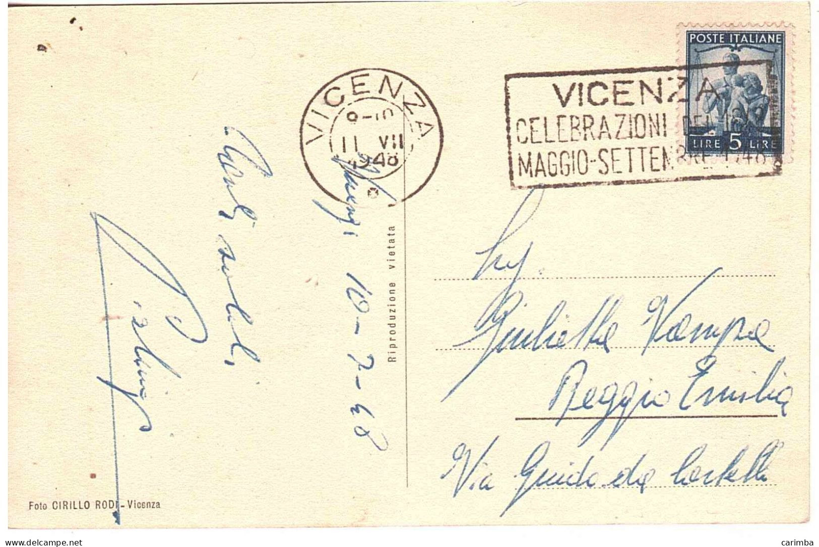 ANNULLO TARGHETTA VICENZA CELEBRAZIONI - 1946-60: Poststempel