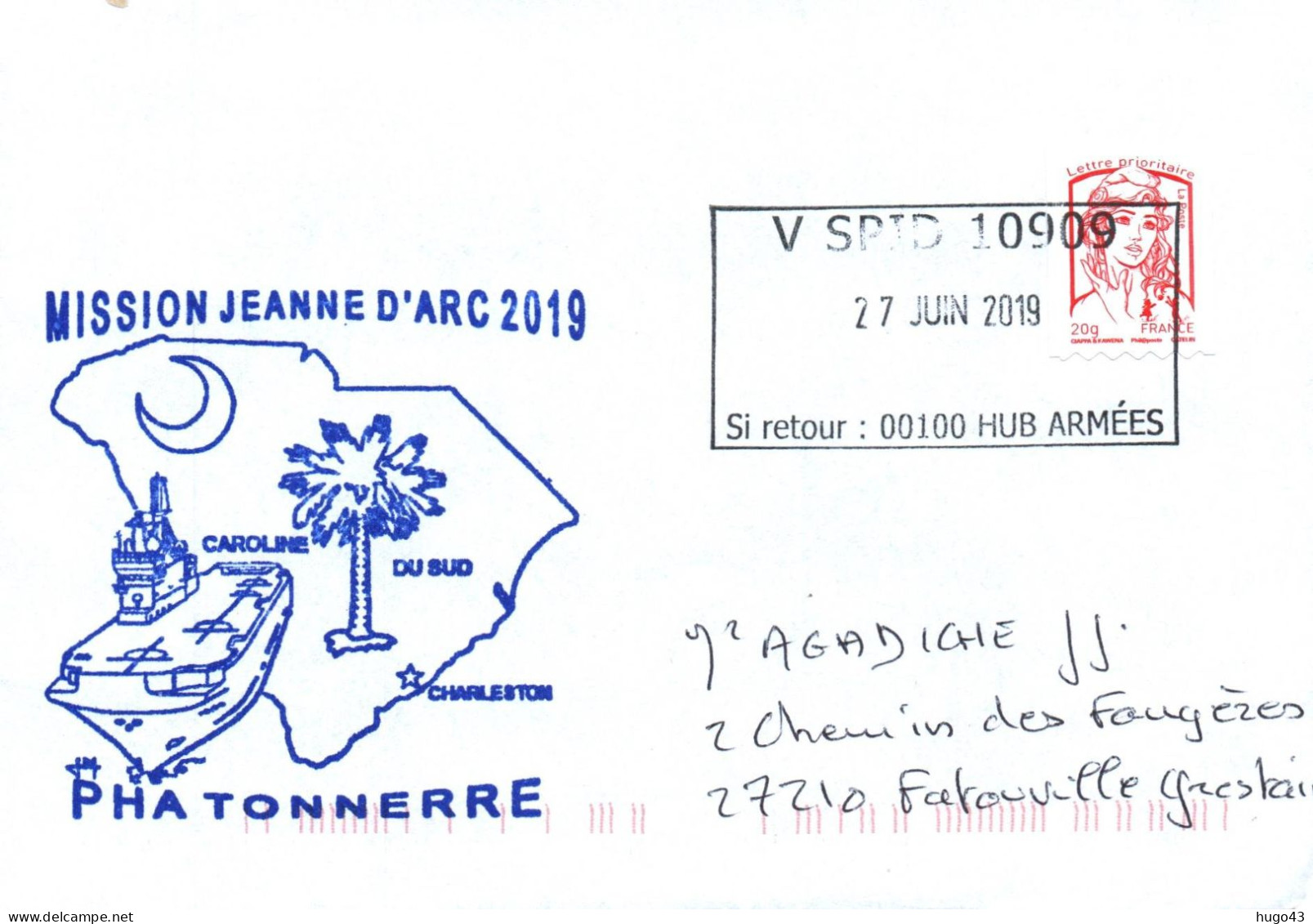 ENVELOPPE AVEC CACHET MISSION JEANNE D' ARC 2019 - PHA TONNERRE CAROLINE DU SUD - LE 27/06/2016 - Naval Post