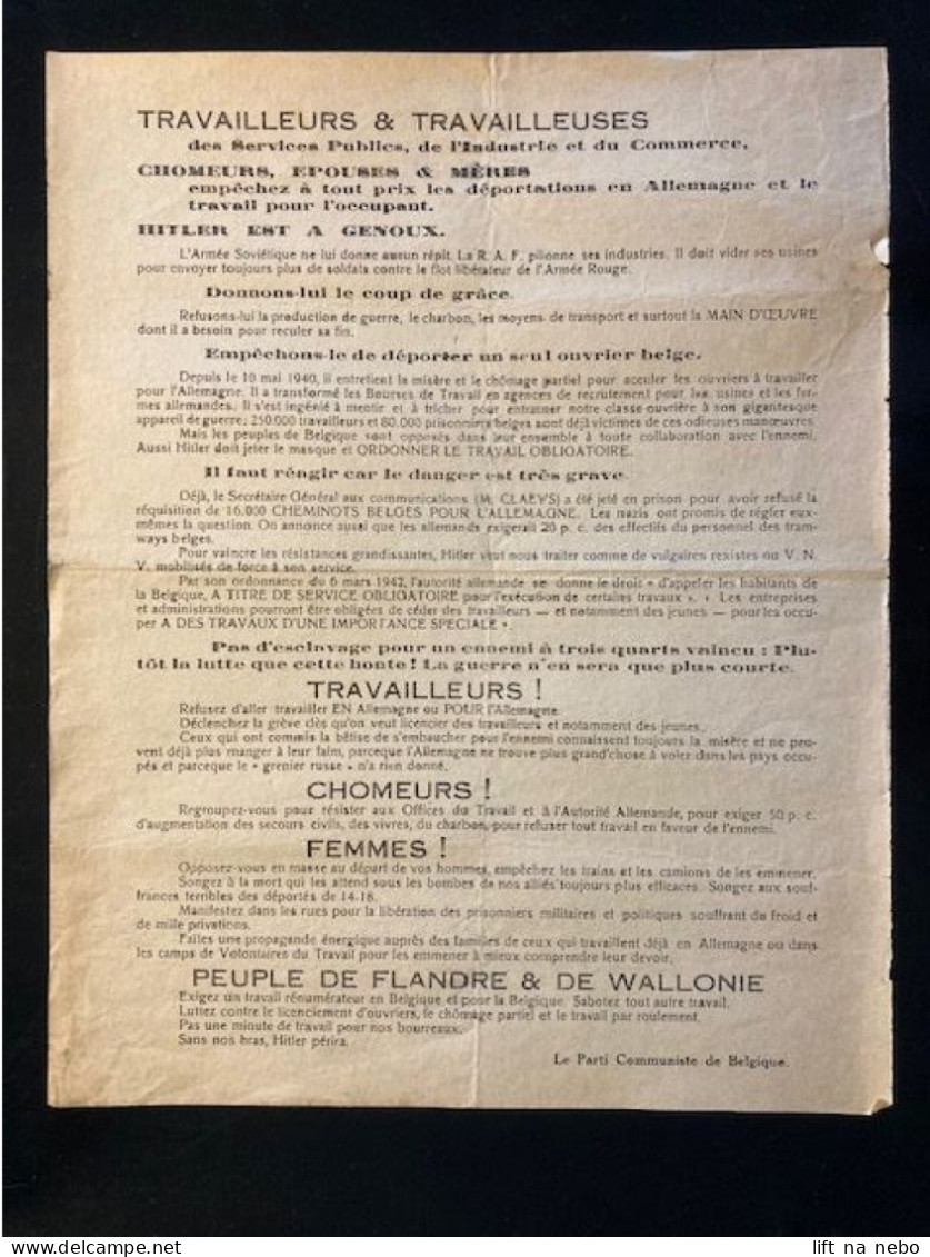 Tract Presse Clandestine Résistance Belge WWII WW2 'Travailleurs & Travailleuses Des Services Publics, De L'Industrie... - Documentos