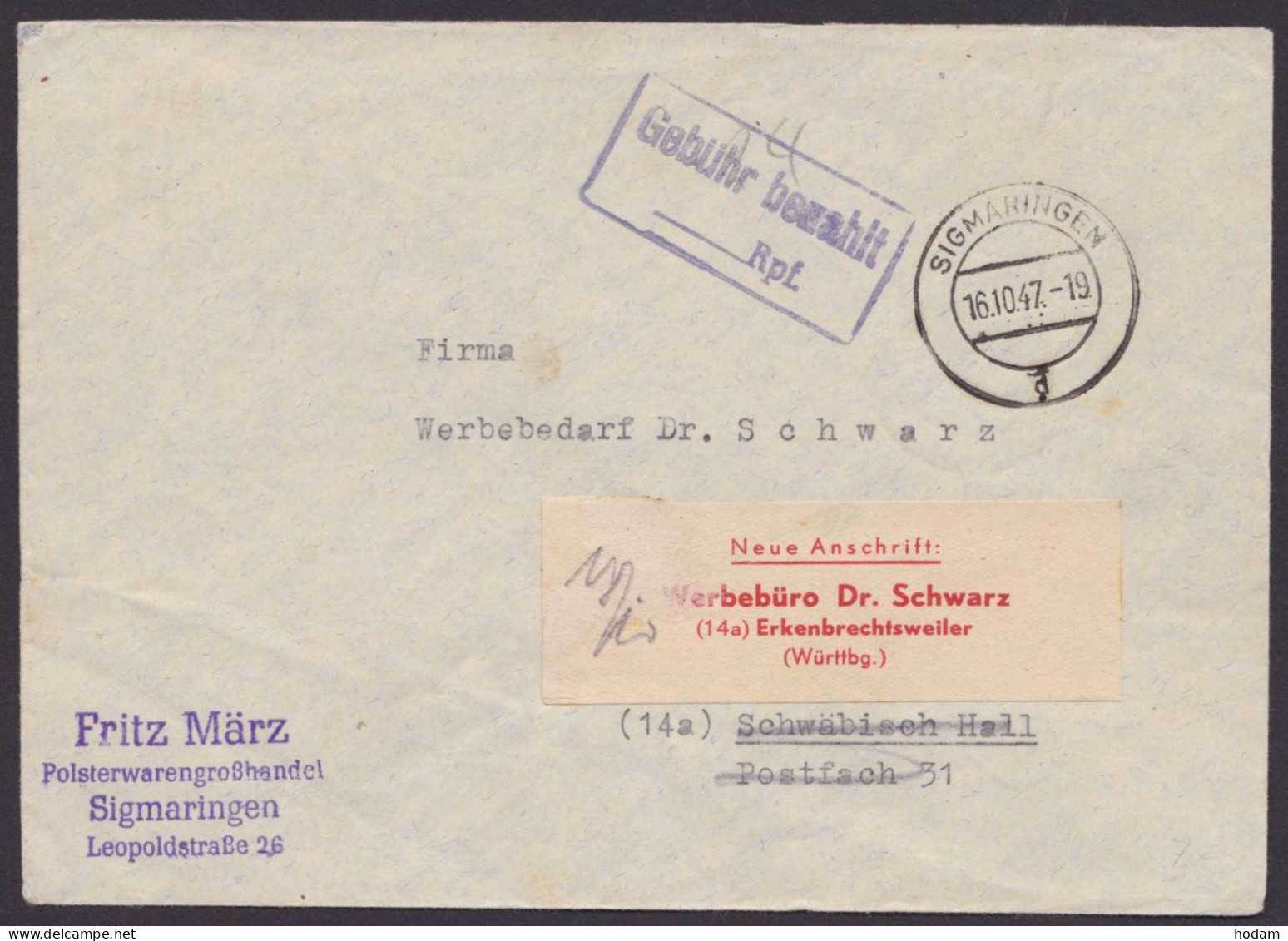 "Gebühr Bezahlt", Blauer Ra "Sigmaringen", 16.10.47, Ansehen! - Cartas & Documentos