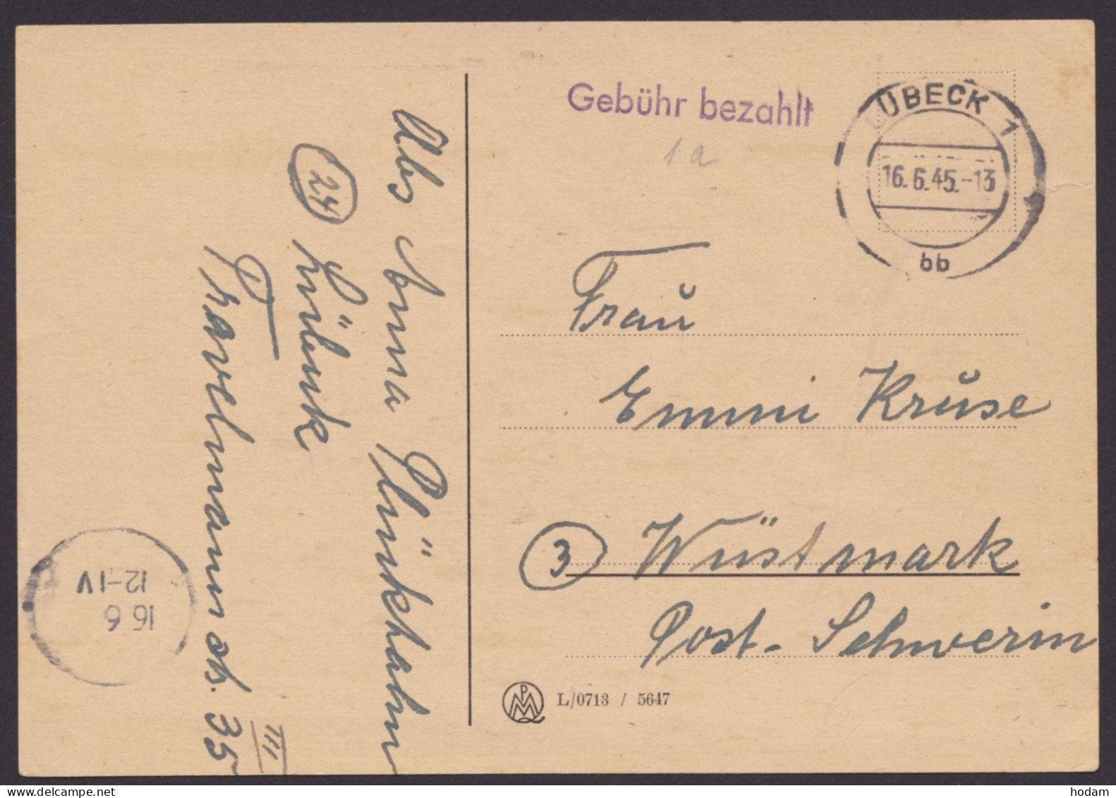 "Gebühr Bezahlt", L1, Bedarfskarte "Lübeck", 16.6.45 - Storia Postale
