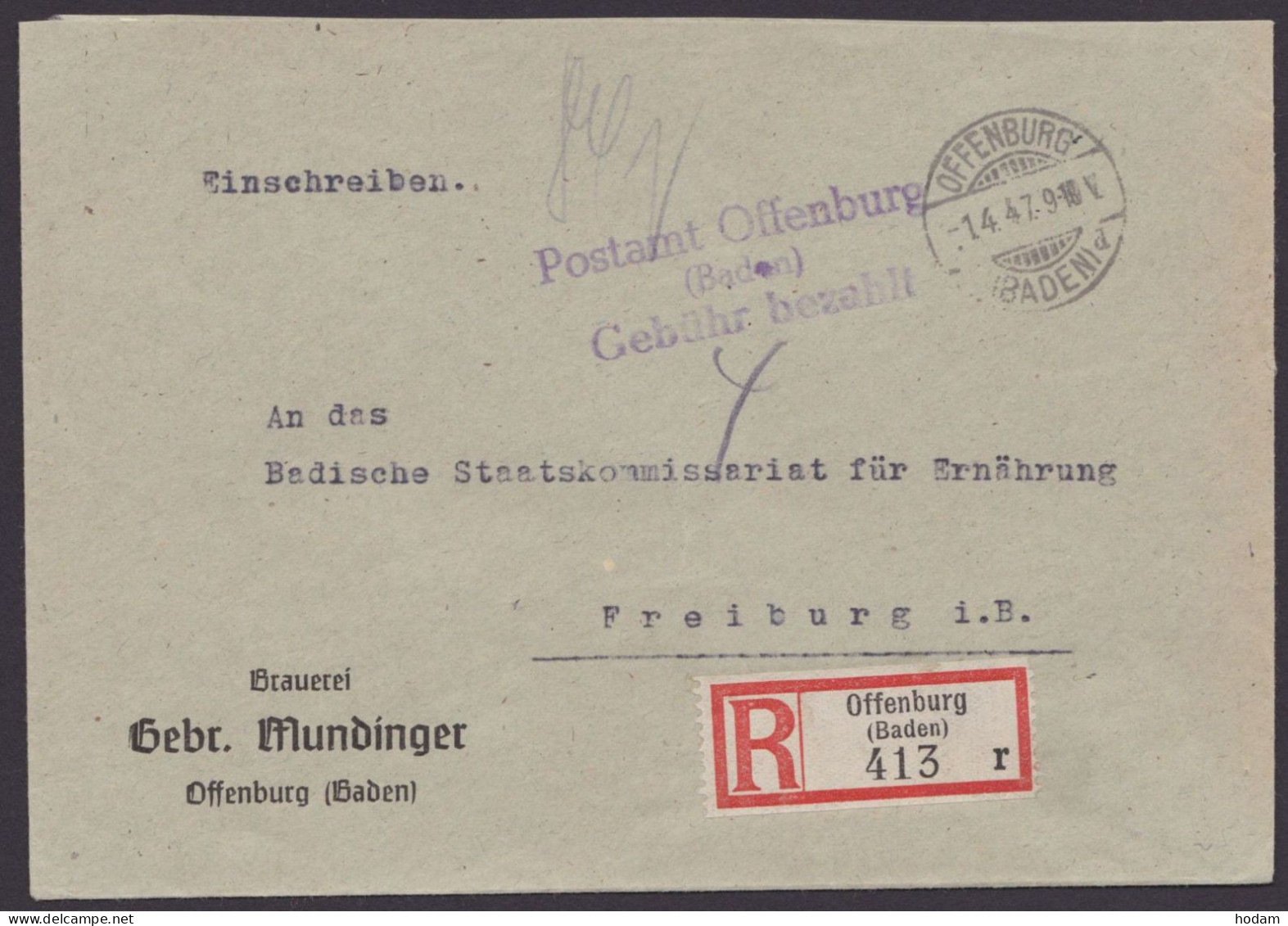 "Gebühr Bezahlt", Ungewöhnlich, L3 "Offenburg", 1.4.47 Auf Brief - Briefe U. Dokumente