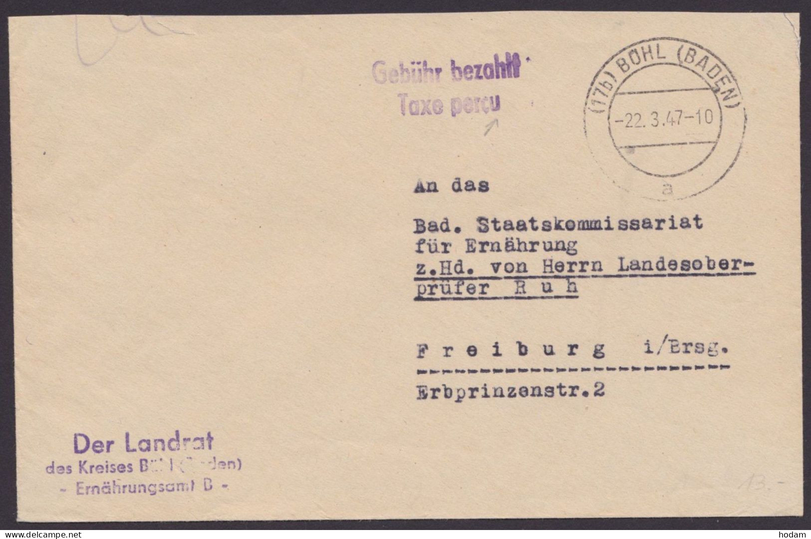 "Taxe Percue", L2 "Bühl", 1947, Ungewöhnlich! - Storia Postale