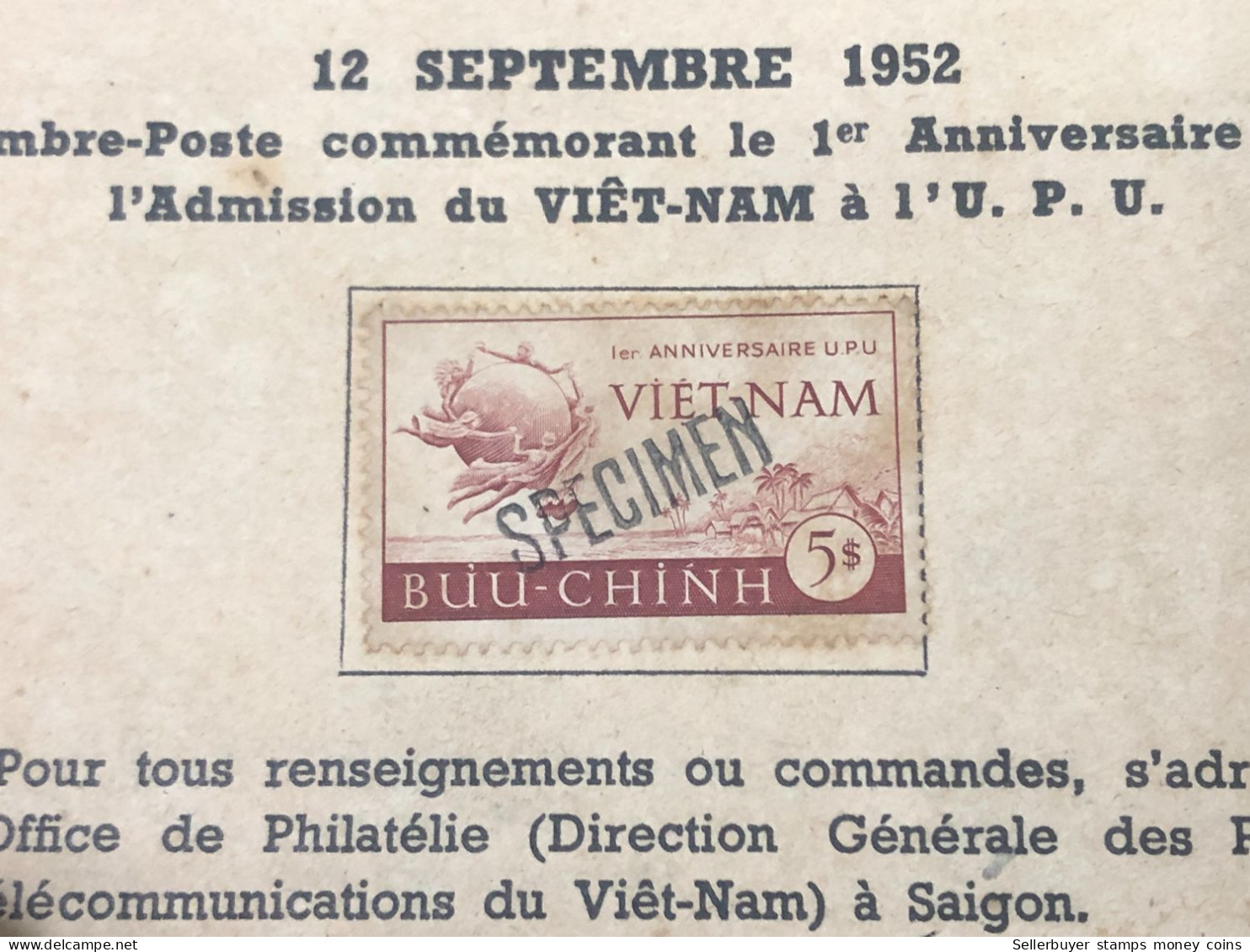 Stams Viet Nam South Specinem T Is Very Rare Nowadays-1 Set 1 Pcs-12/9/1952 /u.p.u - Viêt-Nam