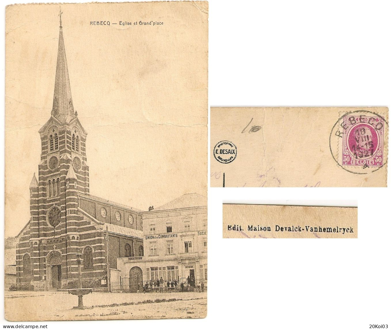 Rebecq Eglise Et Grand'place, Union Des Combattants 1927, Brabant Wallon, EC-B-CPA, Vintage - Rebecq