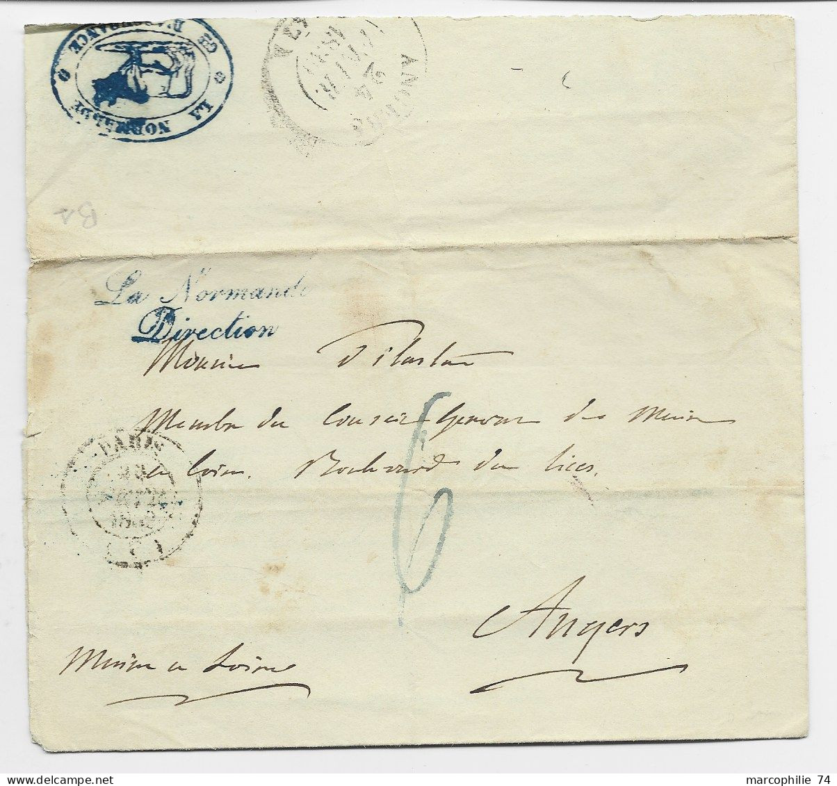 LETTRE COVER PARIS 1839 + CURSIVE BLEUE LA NORMANDE DIRECTION POUR ANGERS - 1801-1848: Précurseurs XIX