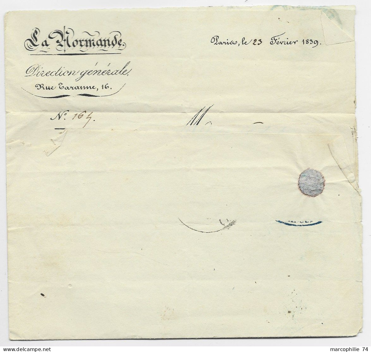 LETTRE COVER PARIS 1839 + CURSIVE BLEUE LA NORMANDE DIRECTION POUR ANGERS - 1801-1848: Vorläufer XIX