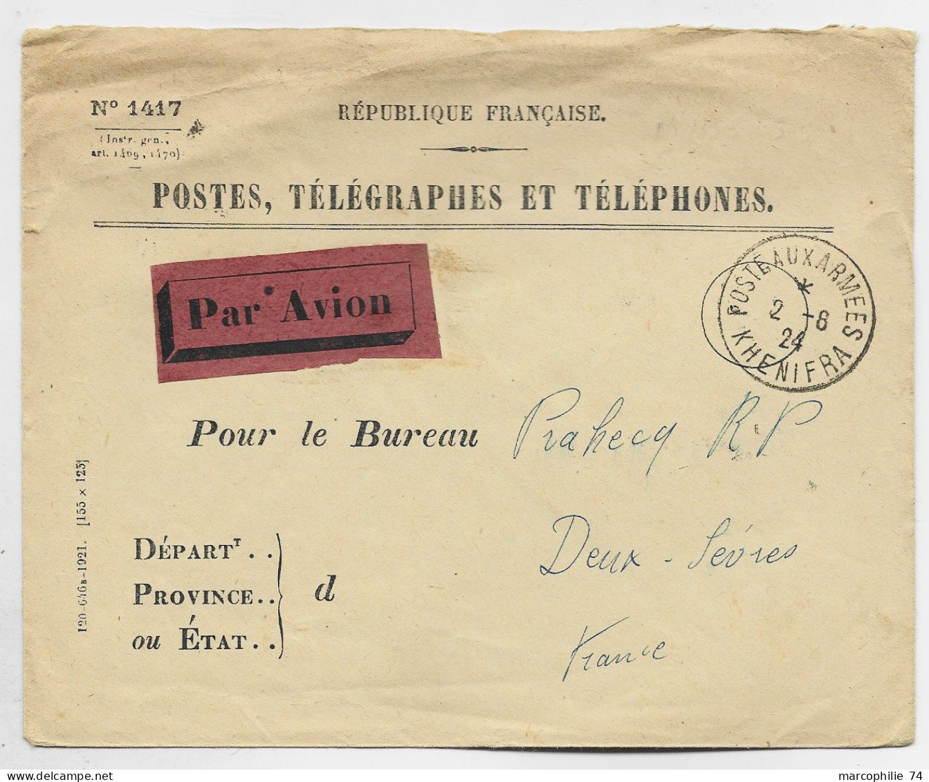 LETTRE PTT POSTE AUX ARMEES 2.8.1924 KENITRA MAROC AVION POUR DEUX SEVRES - 1927-1959 Lettres & Documents