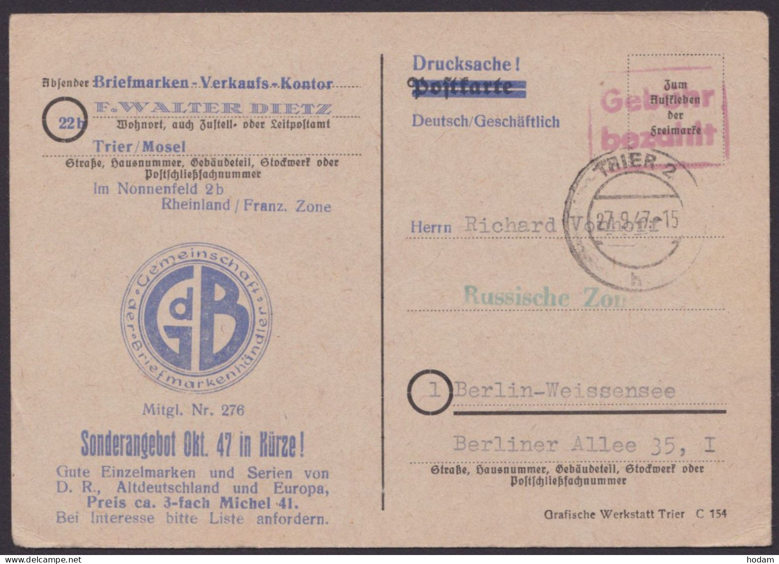 "Gebühr Bezahlt", Roter Ra "Trier", 27.9.47, Dek. Werbekarte - Storia Postale