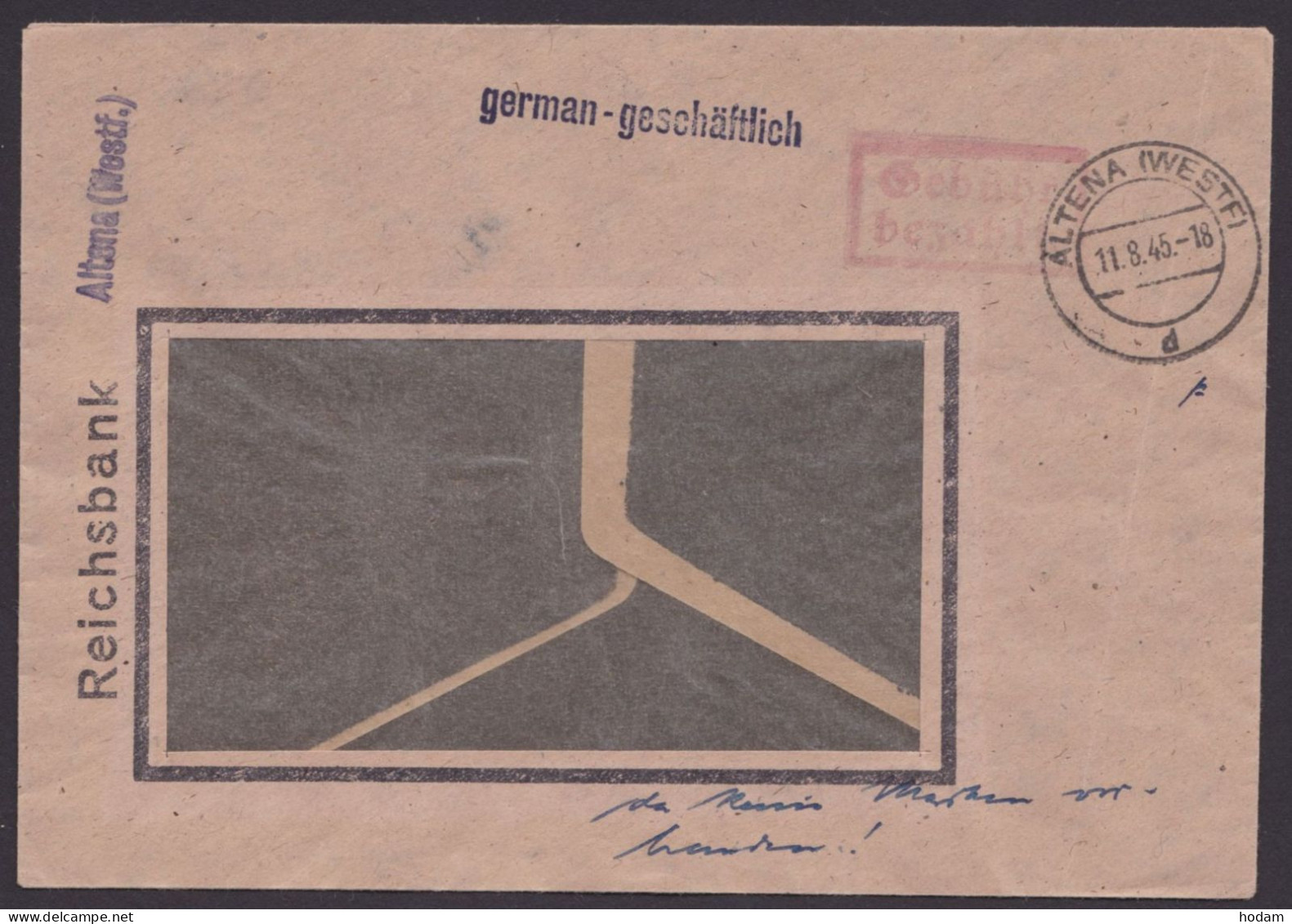 "Gebühr Bezahlt", Roter Ra "Altena", 11.8.45, Bedarf - Cartas & Documentos