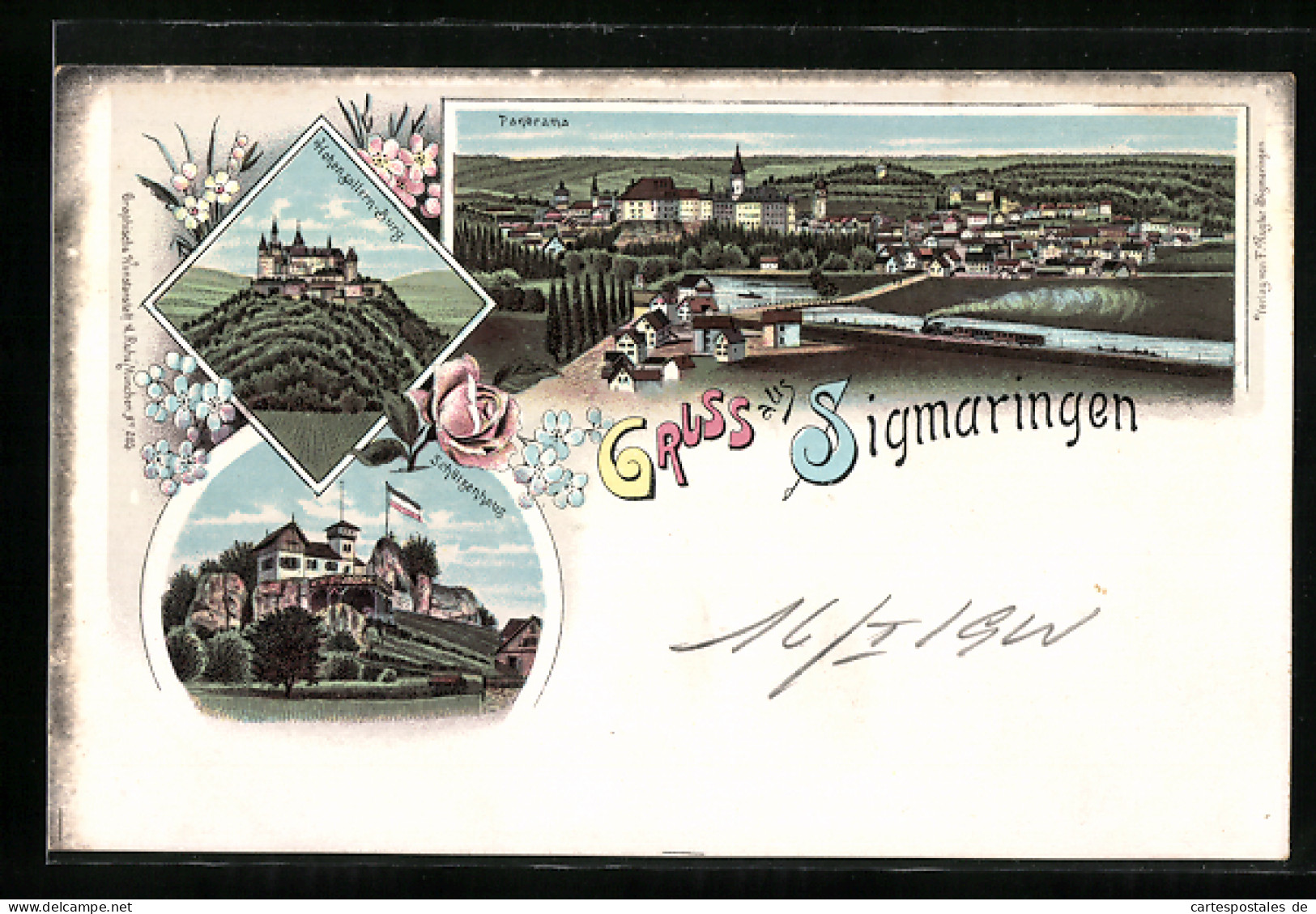 Lithographie Sigmaringen, Gasthof Schützenhaus, Hohenzollern-Burg, Panorama  - Sigmaringen