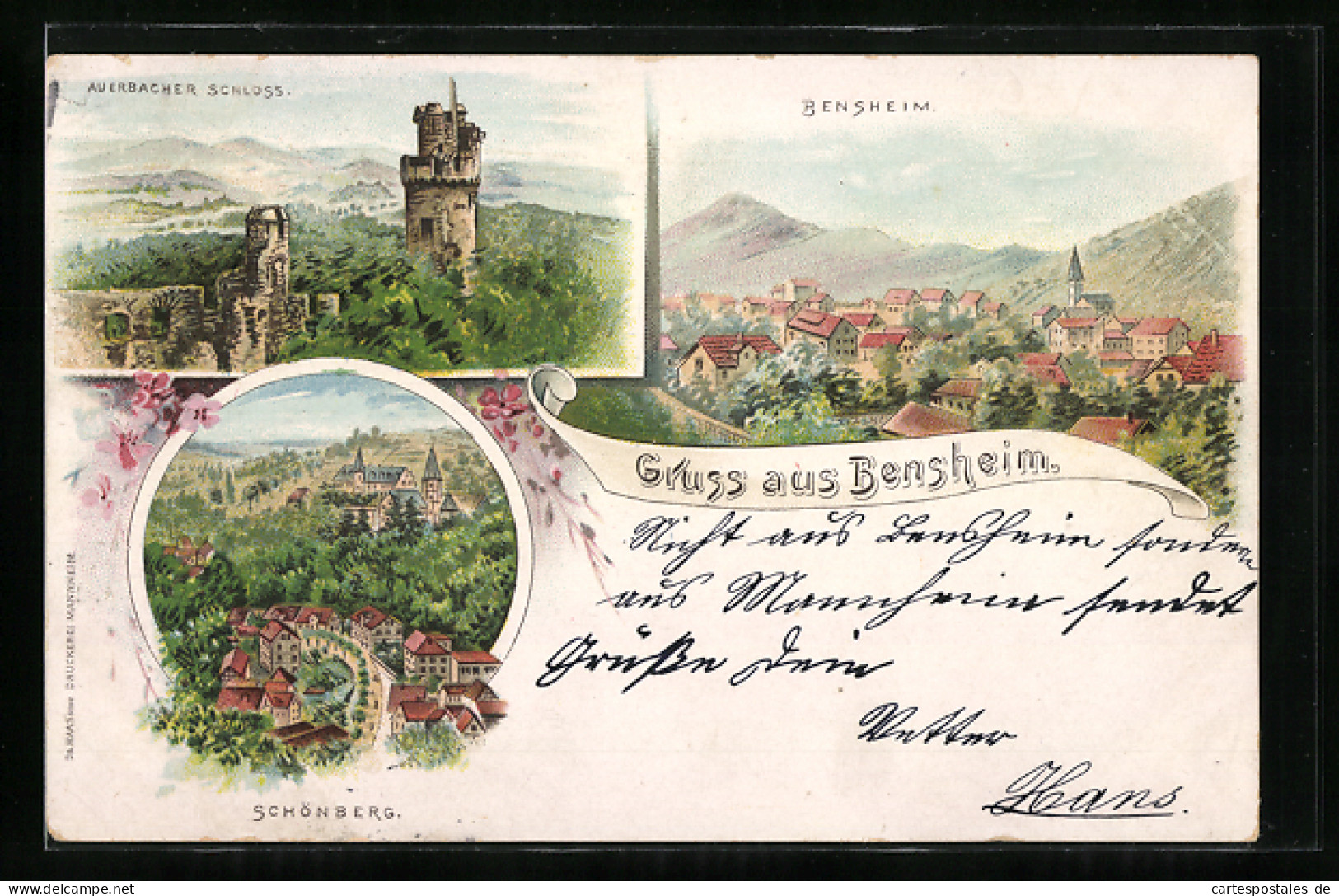 Lithographie Bensheim, Teilansicht, Auerbacher Schloss, Schönberg  - Bensheim