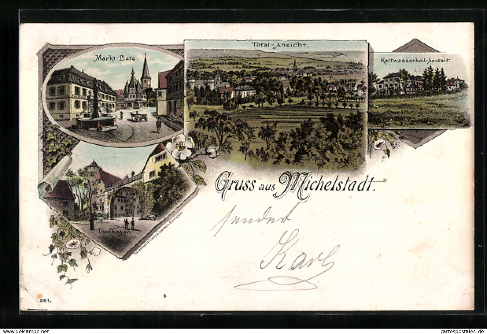 Lithographie Michelstadt, Kaltwasserheil-Anstalt, Torbogen, Marktplatz  - Michelstadt