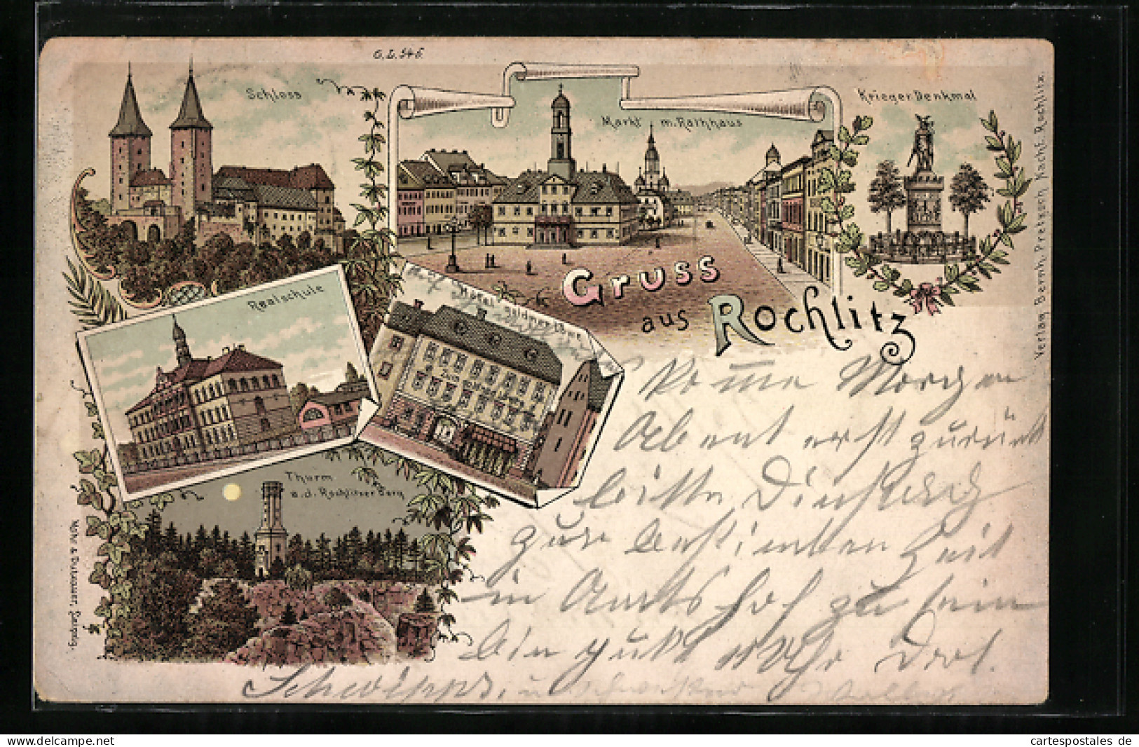 Lithographie Rochlitz, Hotel Goldner Löwe, Schloss, Realschule, Thurm A. D. Rochlitzer Berg, Krieger Denkmal, Markt  - Rochlitz