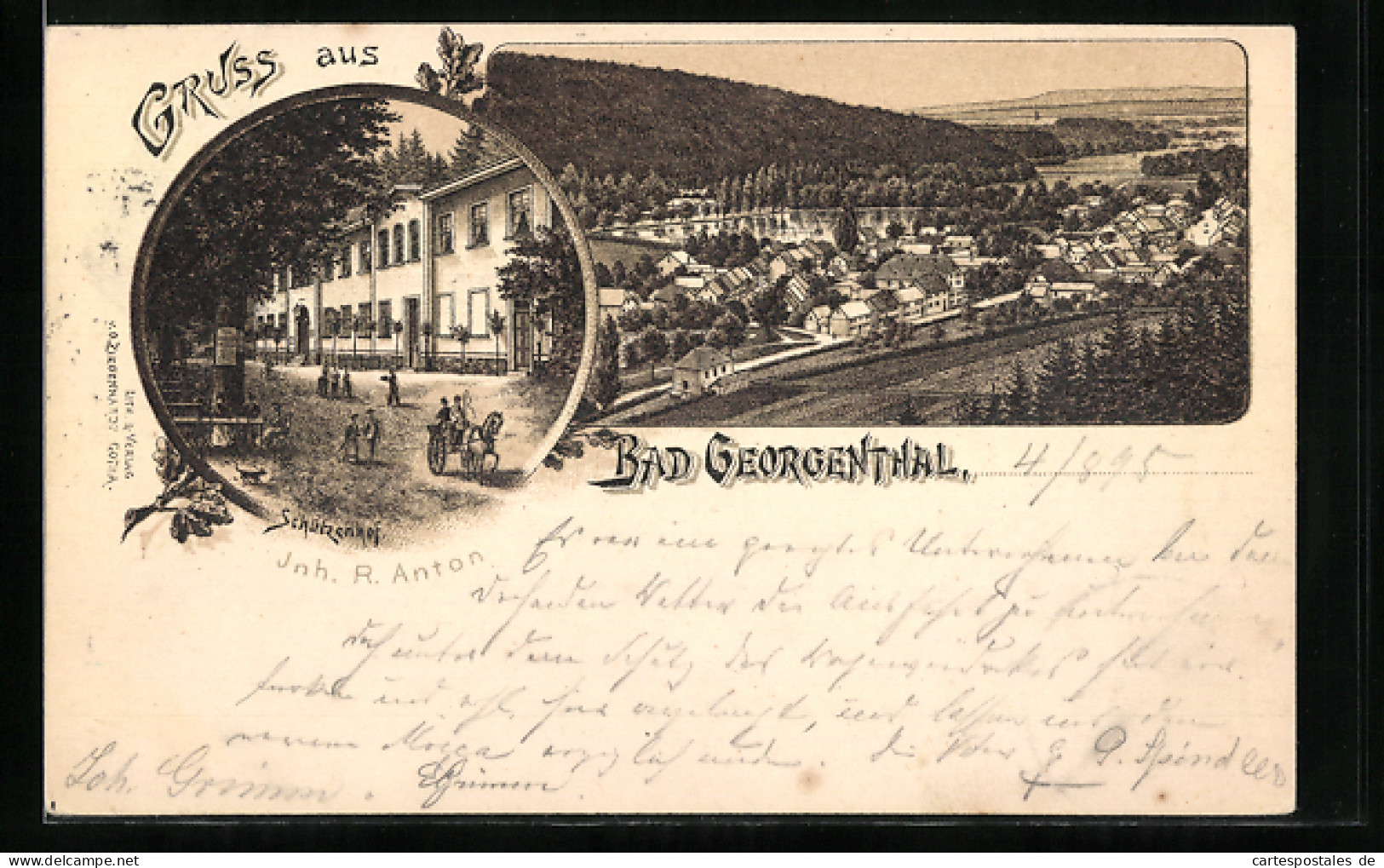 Vorläufer-Lithographie Bad Georgenthal, 1895, Gasthaus Schützenhof, Teilansicht  - Georgenthal