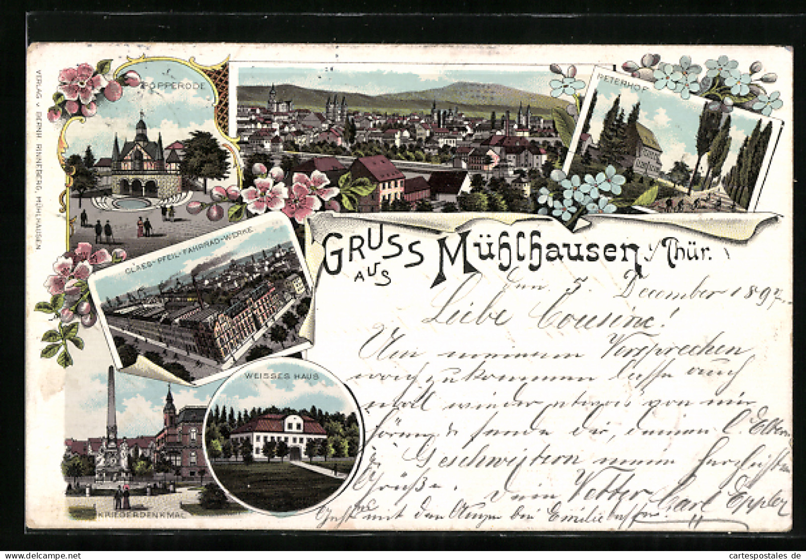Lithographie Mühlhausen I. Thür., Claes-Pfeil-Fahrrad-Werke, Weisses Haus, Peterhof  - Muehlhausen