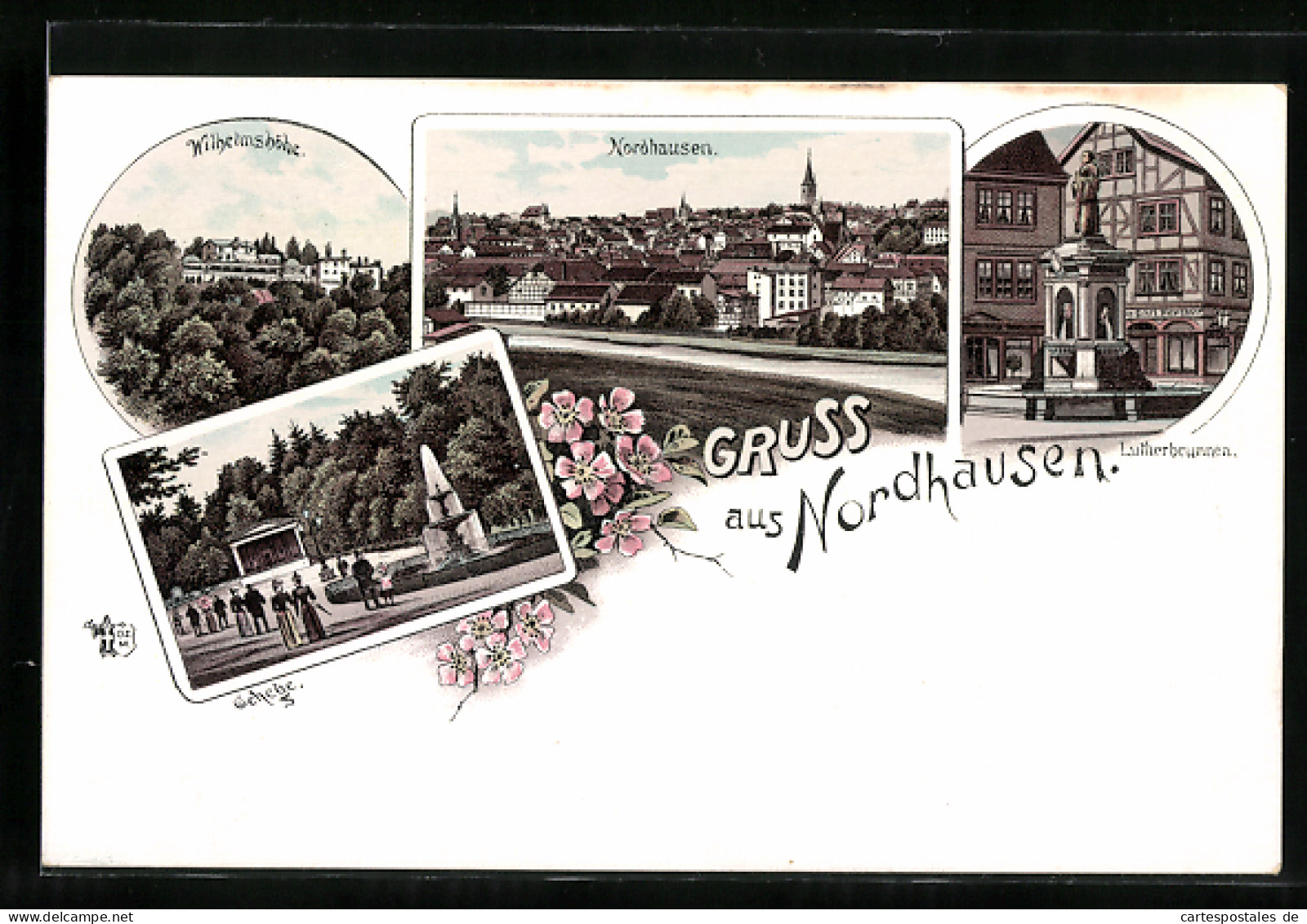 Lithographie Nordhausen, Wilhelmshöhe, Gehege, Lutherbrunnen  - Nordhausen