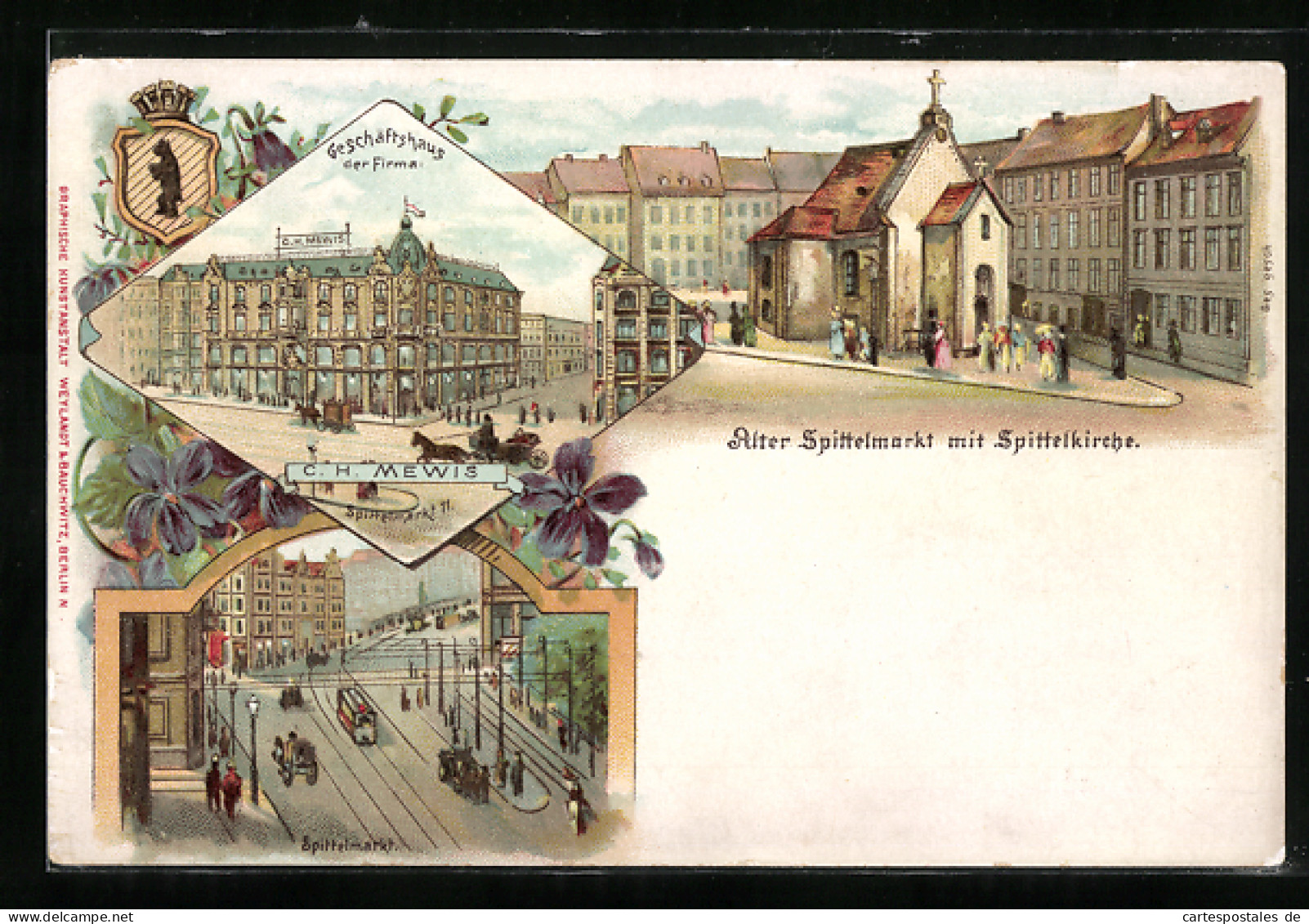 Lithographie Berlin, Geschäftshaus Mewis, Spittelmarkt 11, Alter Spittelmarkt Mit Spittelkirche, Spittelmarkt  - Mitte