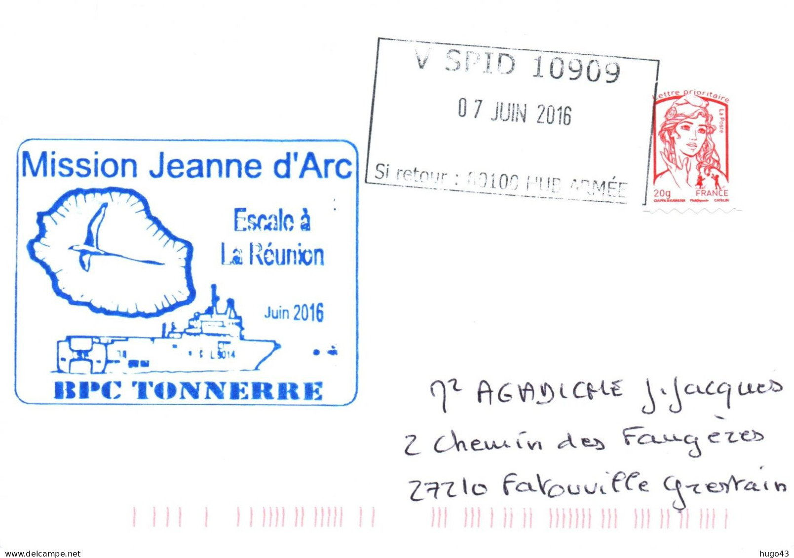 ENVELOPPE AVEC CACHET MISSION JEANNE D' ARC ESCALE A LA REUNION EN JUIN 2016 - BPC TONNERRE - LE 07/06/16 - Naval Post