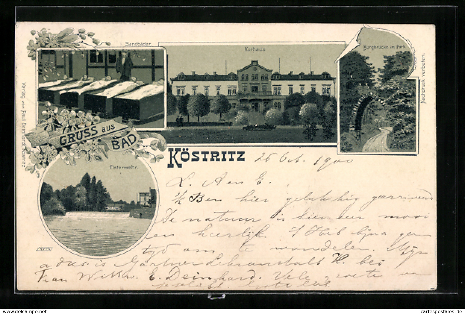 Lithographie Köstritz, Kurhaus, Sandbäder, Burgbrücke Im Park  - Bad Koestritz