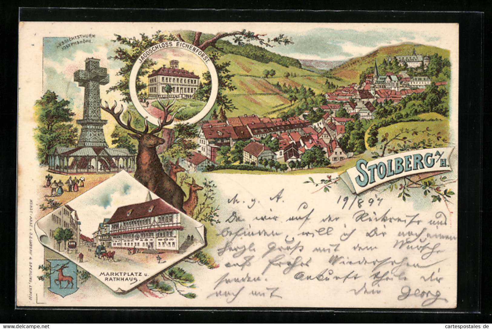 Lithographie Stolberg A. H., Jagdschloss Eichenforst, Marktplatz Und Rathaus, Aussichtsturm Josephshöhe  - Jagd
