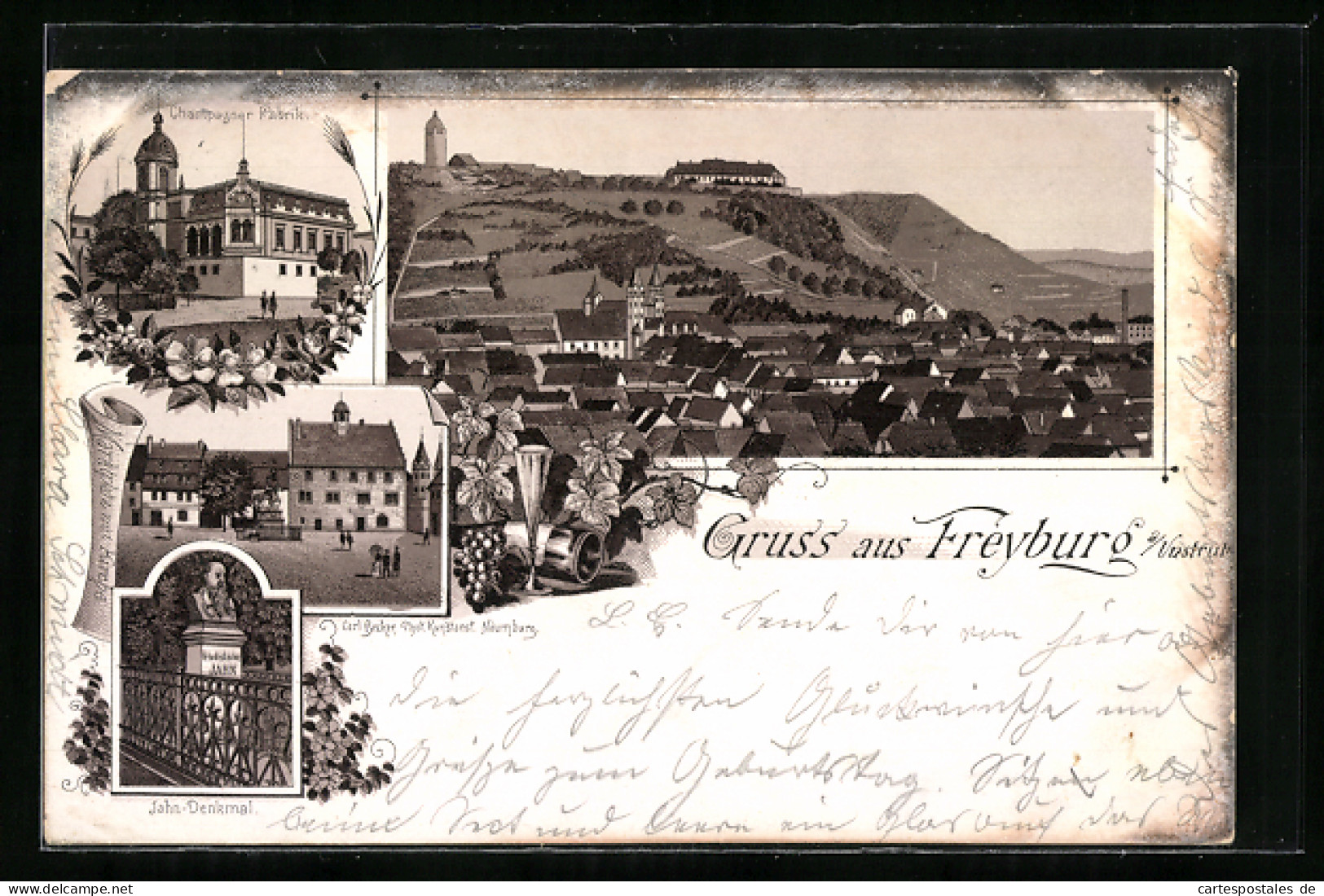 Vorläufer-Lithographie Freyburg A. Unstrut, 1892, Champagner-Fabrik, Jahn-Denkmal, Marktplatz Mit Kirche  - Freyburg A. D. Unstrut